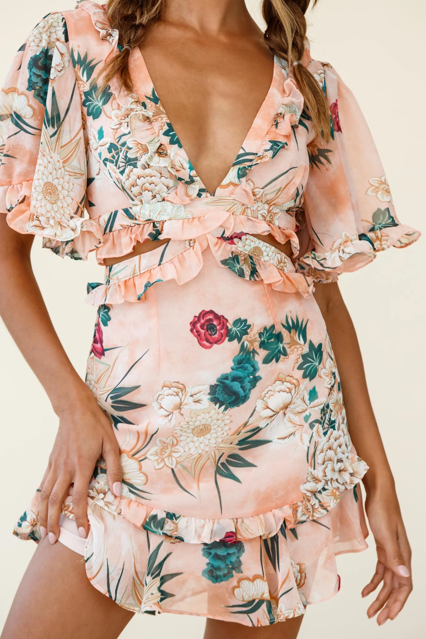 My Belle Cut-Out Detail Frill Accent Dress Floral Print Orange - Image 6