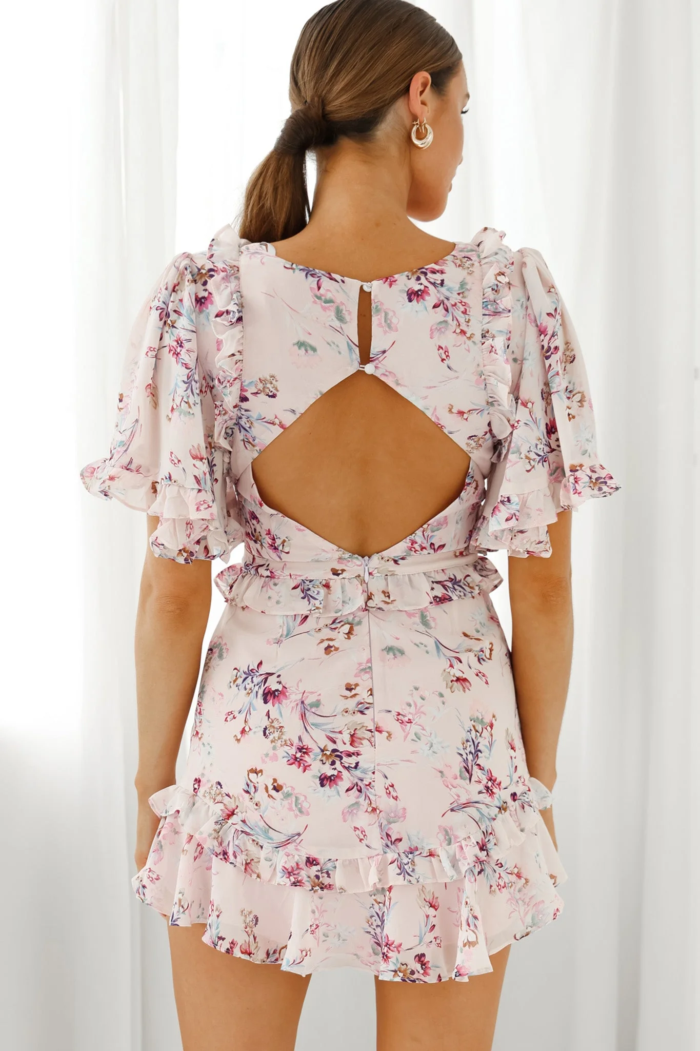 My Belle Cut-Out Detail Frill Accent Dress Floral Print Pink - Image 2