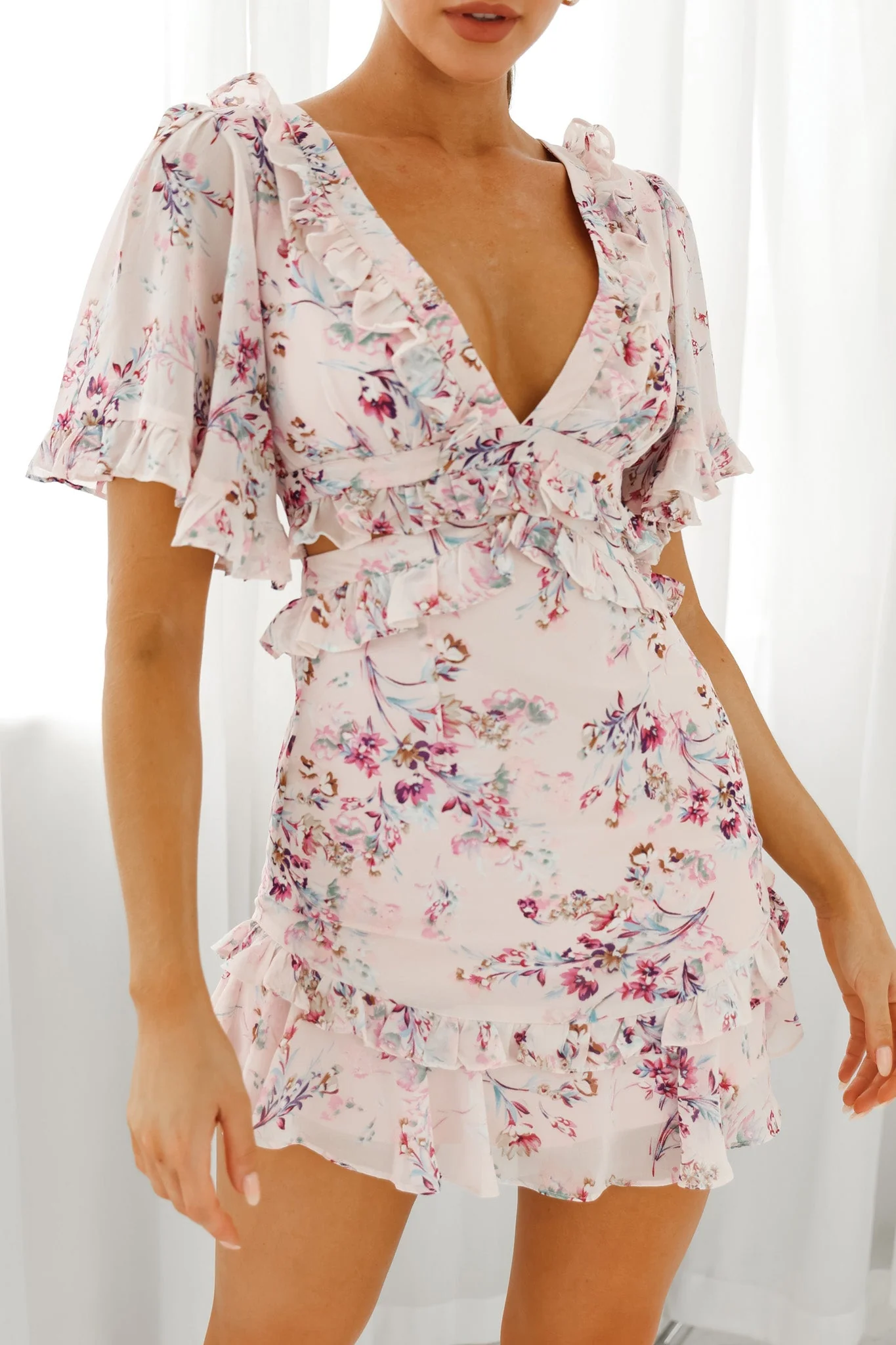 My Belle Cut-Out Detail Frill Accent Dress Floral Print Pink - Image 4