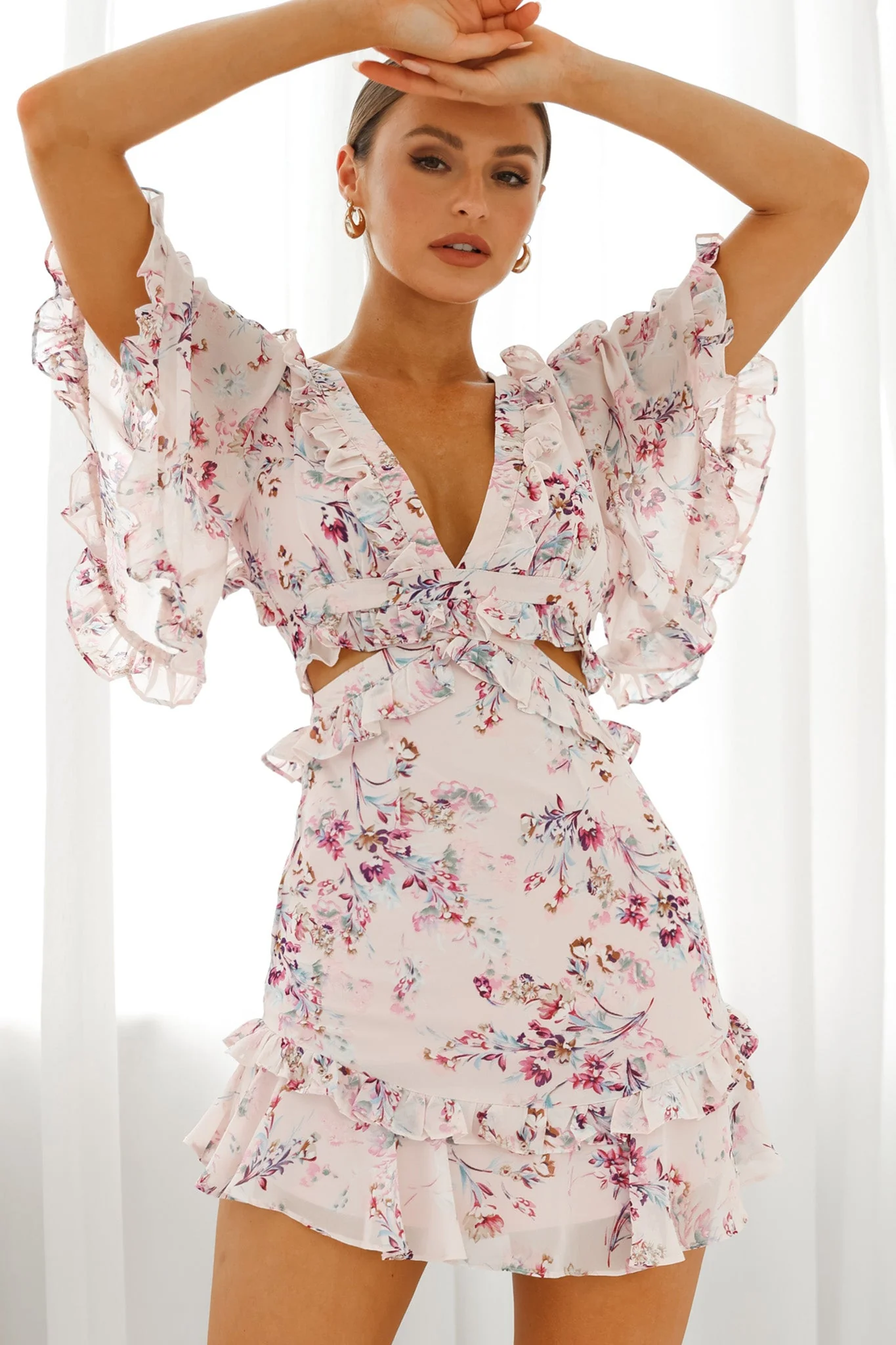 My Belle Cut-Out Detail Frill Accent Dress Floral Print Pink - Image 7