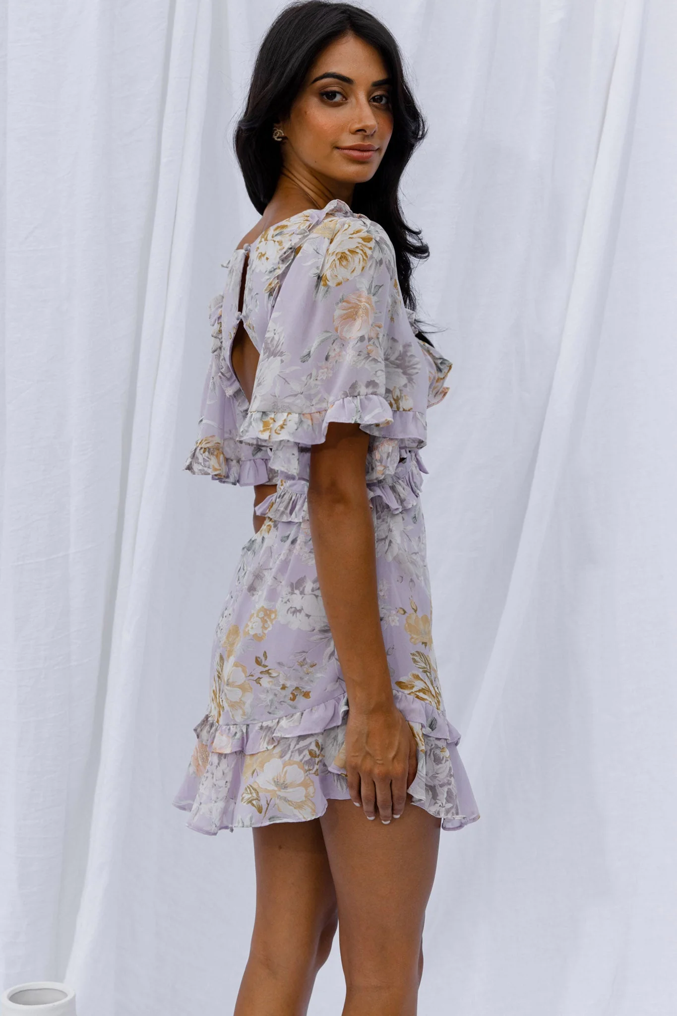 My Belle Cut-Out Detail Frill Accent Dress Vintage Floral Print Lilac - Image 2