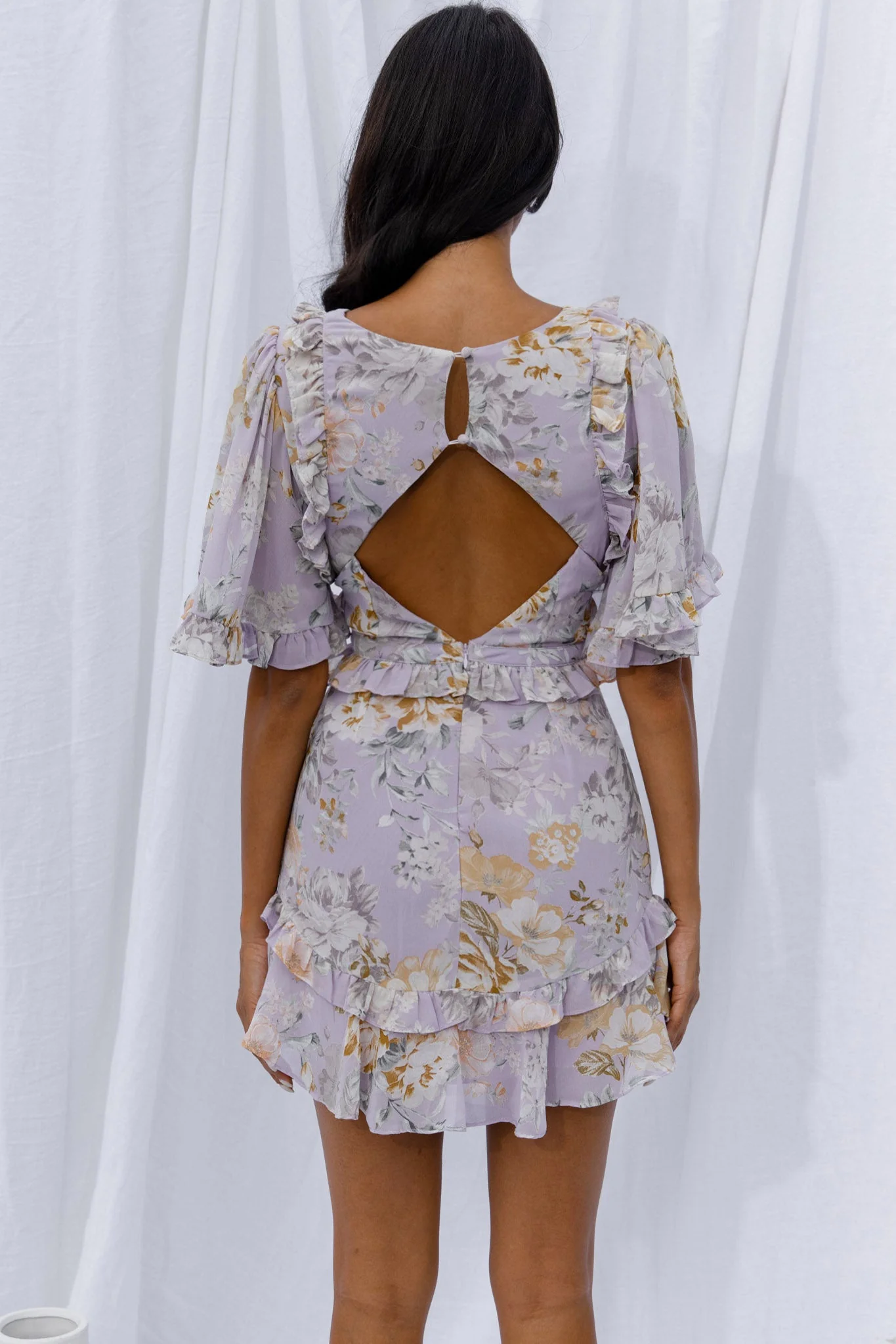 My Belle Cut-Out Detail Frill Accent Dress Vintage Floral Print Lilac - Image 5