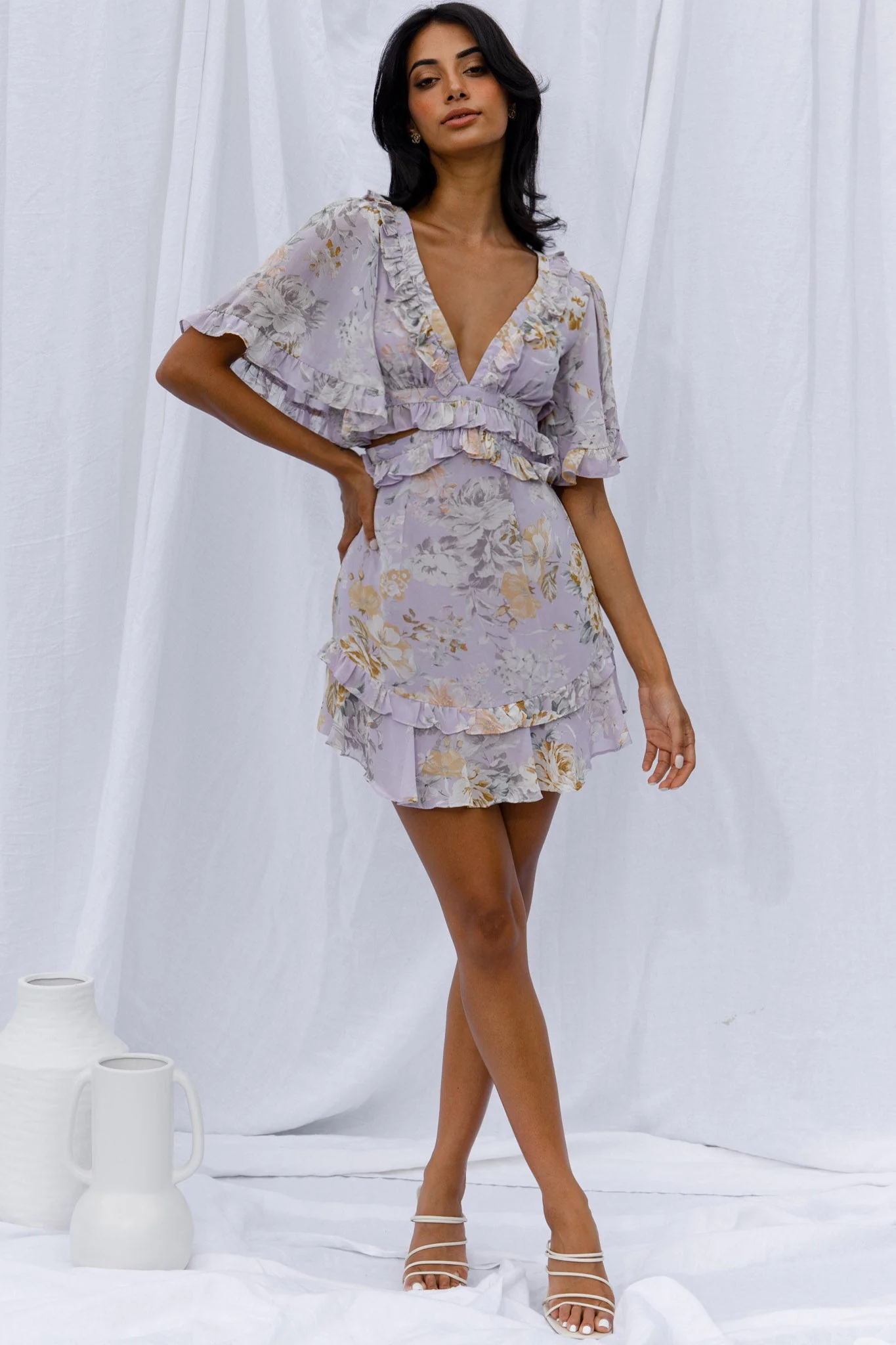 My Belle Cut-Out Detail Frill Accent Dress Vintage Floral Print Lilac - Image 8