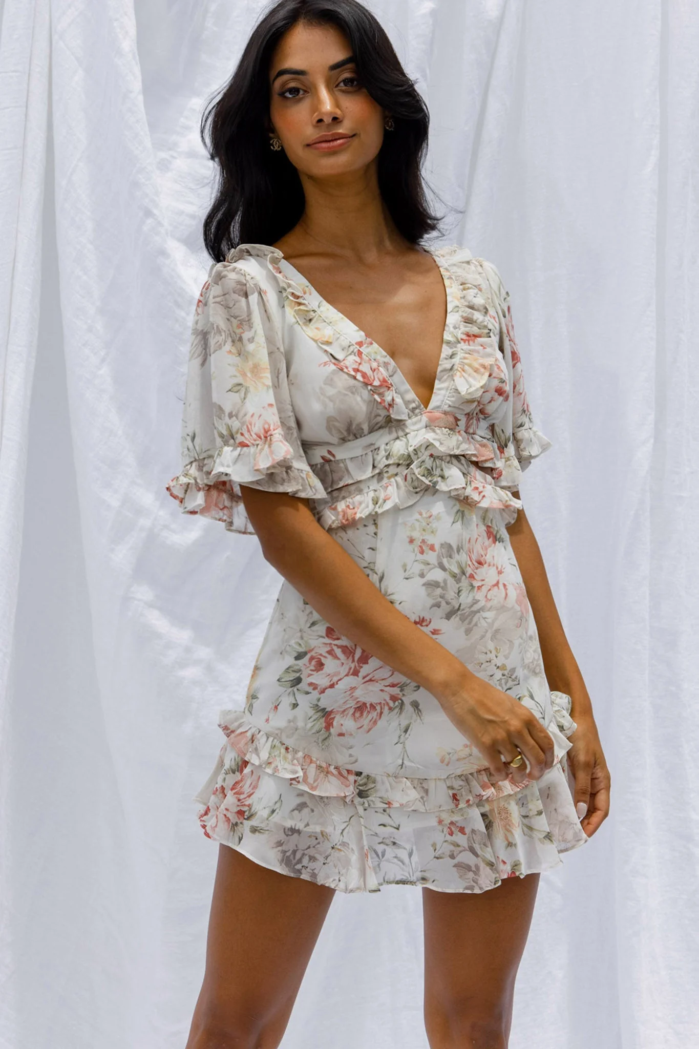 My Belle Cut-Out Detail Frill Accent Dress Vintage Floral Print White - Image 6