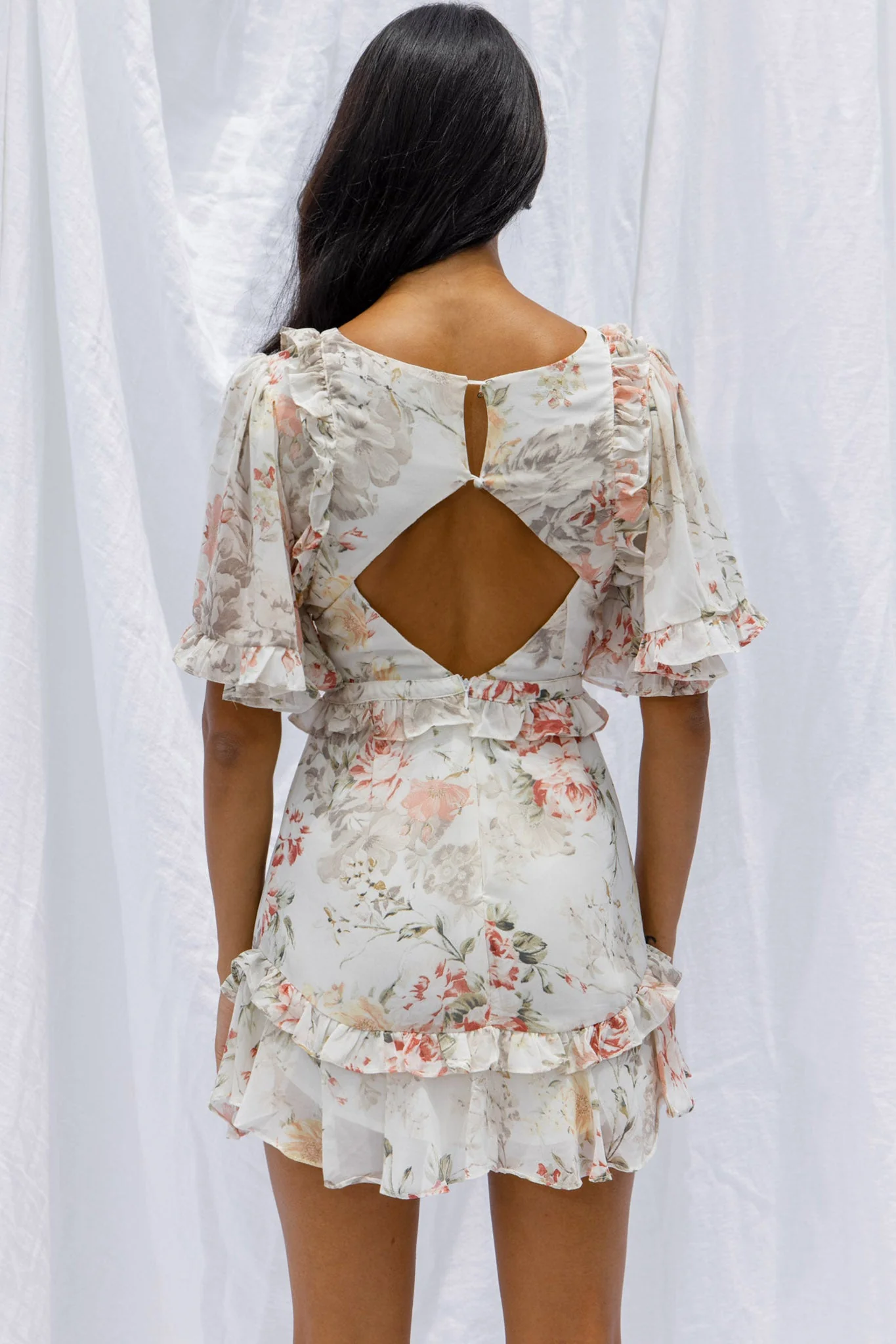 My Belle Cut-Out Detail Frill Accent Dress Vintage Floral Print White - Image 7