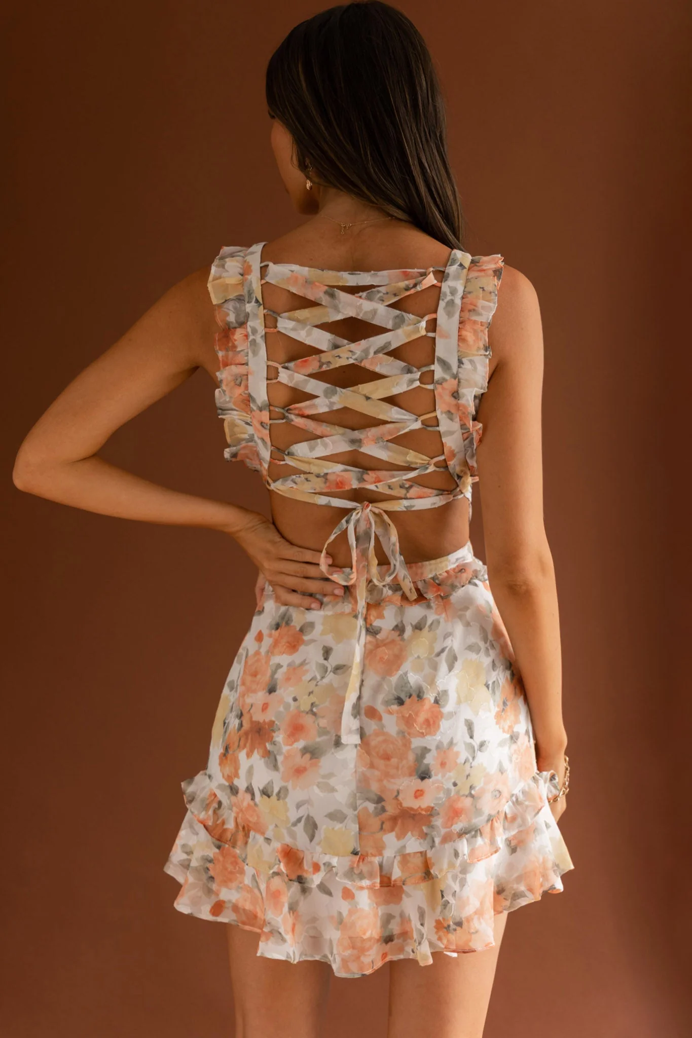My Belle V-Neckline Lace-Up Back Frill Dress Floral Orange - Image 2
