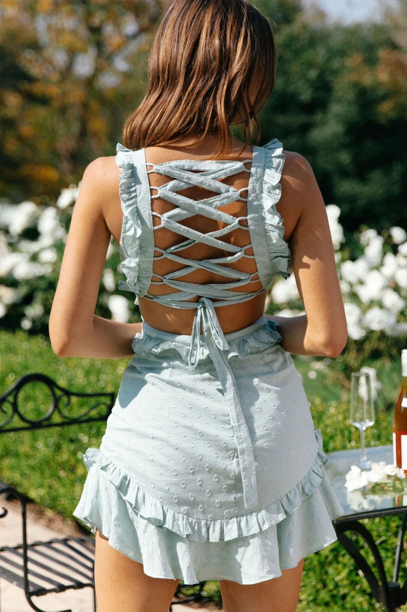 My Belle V-Neckline Lace-Up Back Frill Dress Mint - Image 3