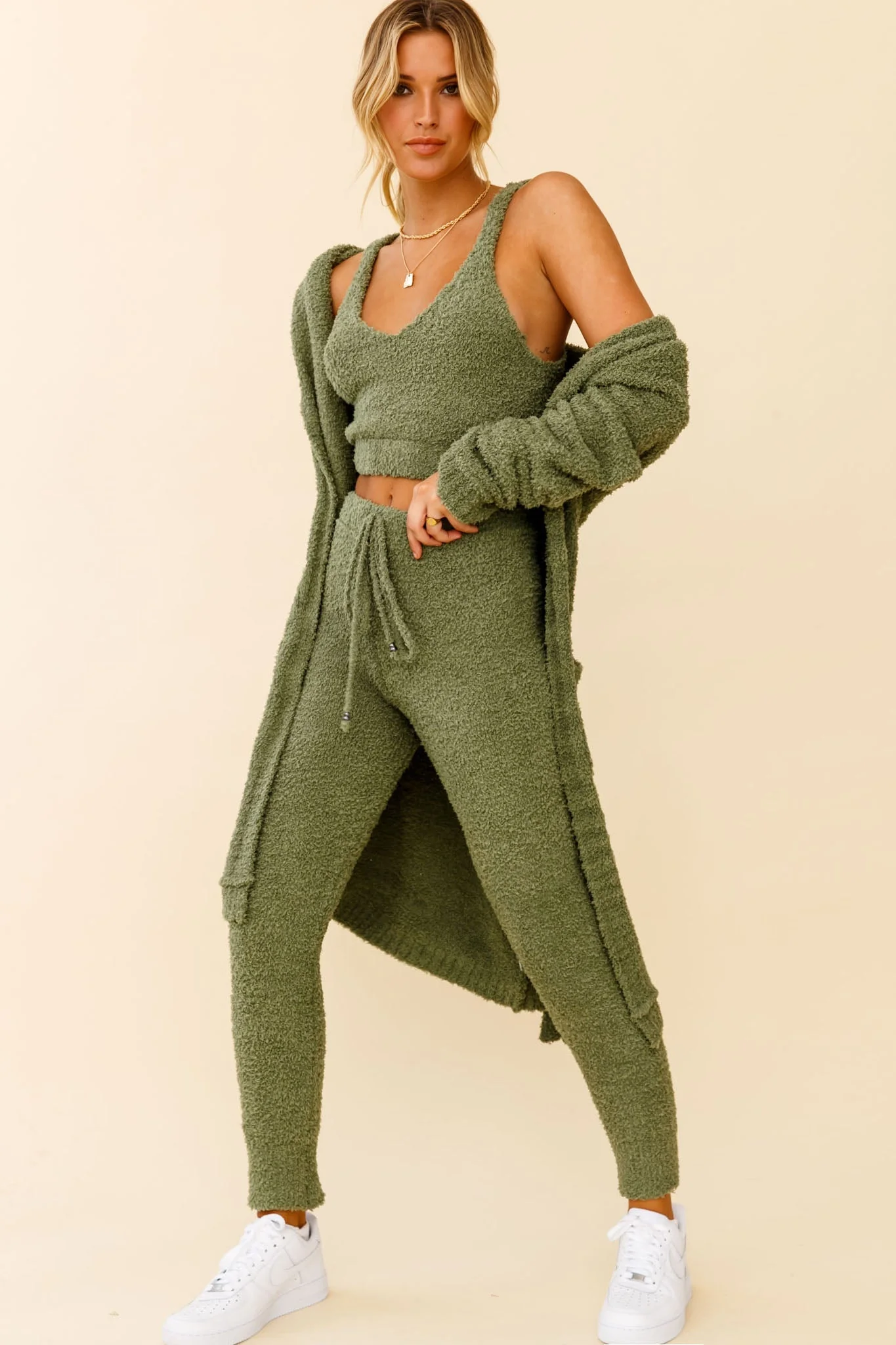 My Girl Fuzzy Knit Longline Pocket Cardigan Sage - Image 2