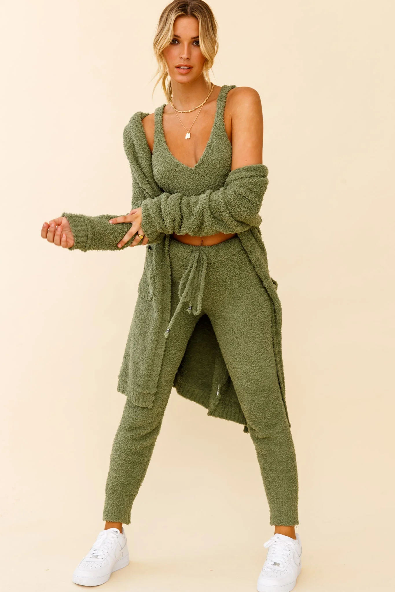 My Girl Fuzzy Knit Longline Pocket Cardigan Sage - Image 3