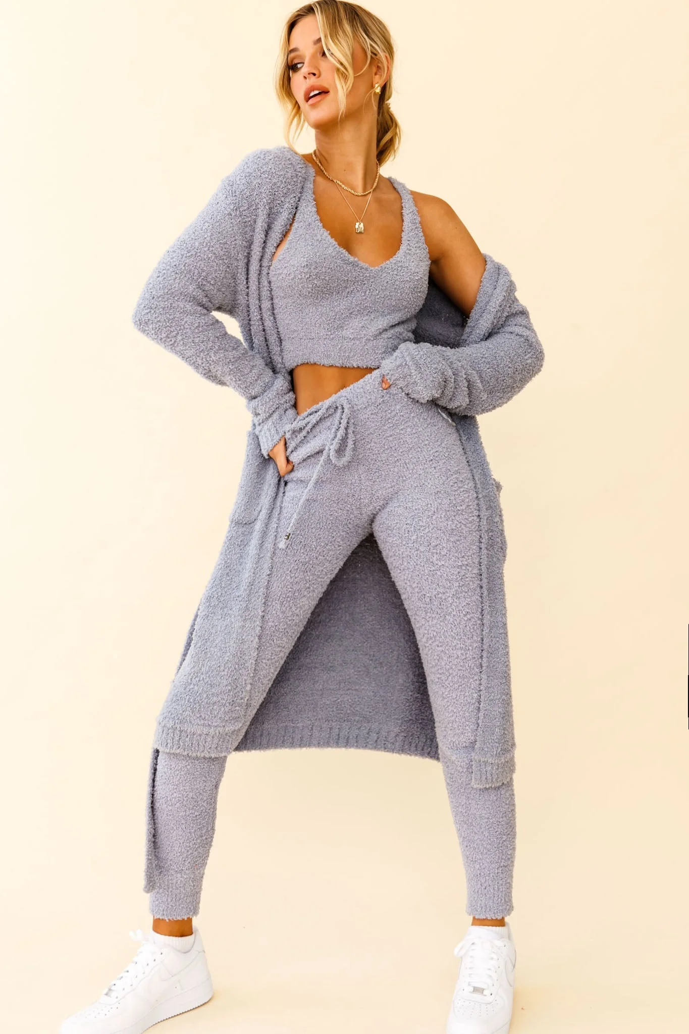 My Girl Fuzzy Knit Longline Pocket Cardigan Steel Blue - Image 3