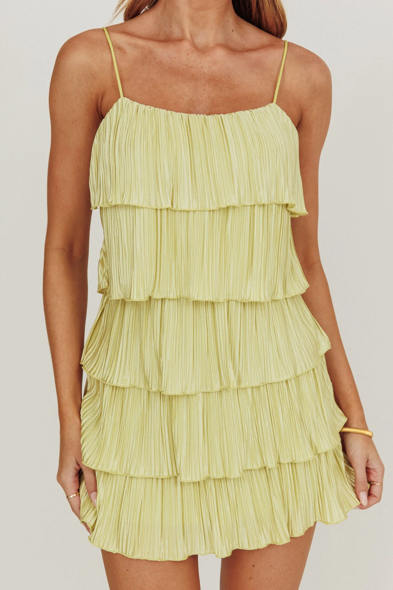 My Type Plisse Tiered Mini Dress Sage - Image 4