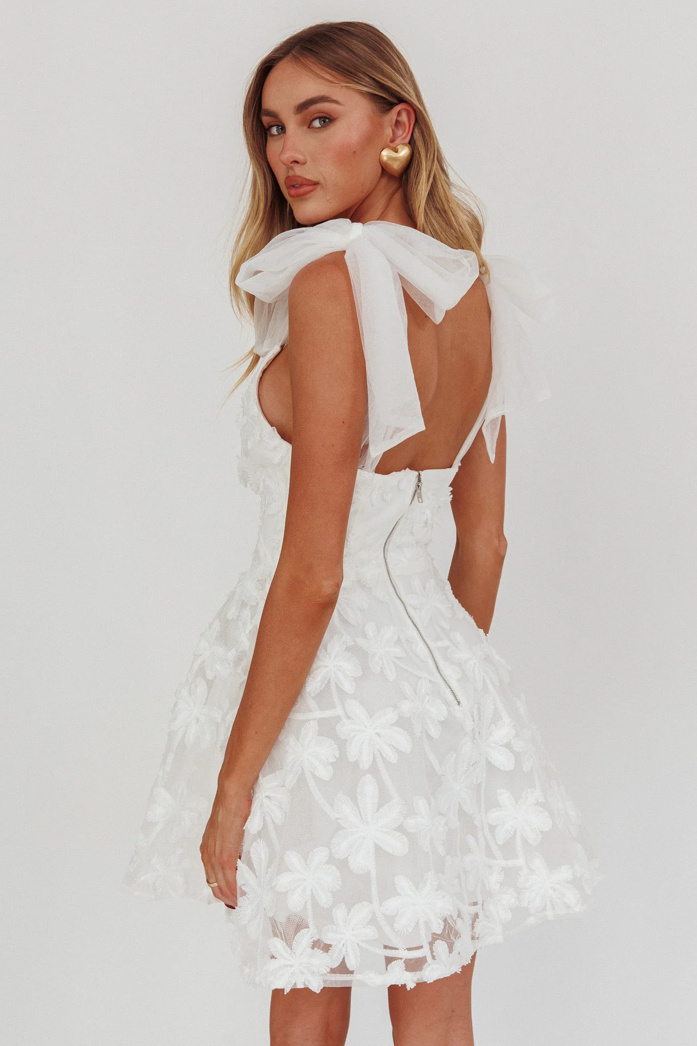 Mykonos Morning Tied Shoulder Mini Dress Embroidered Palm White - Image 3