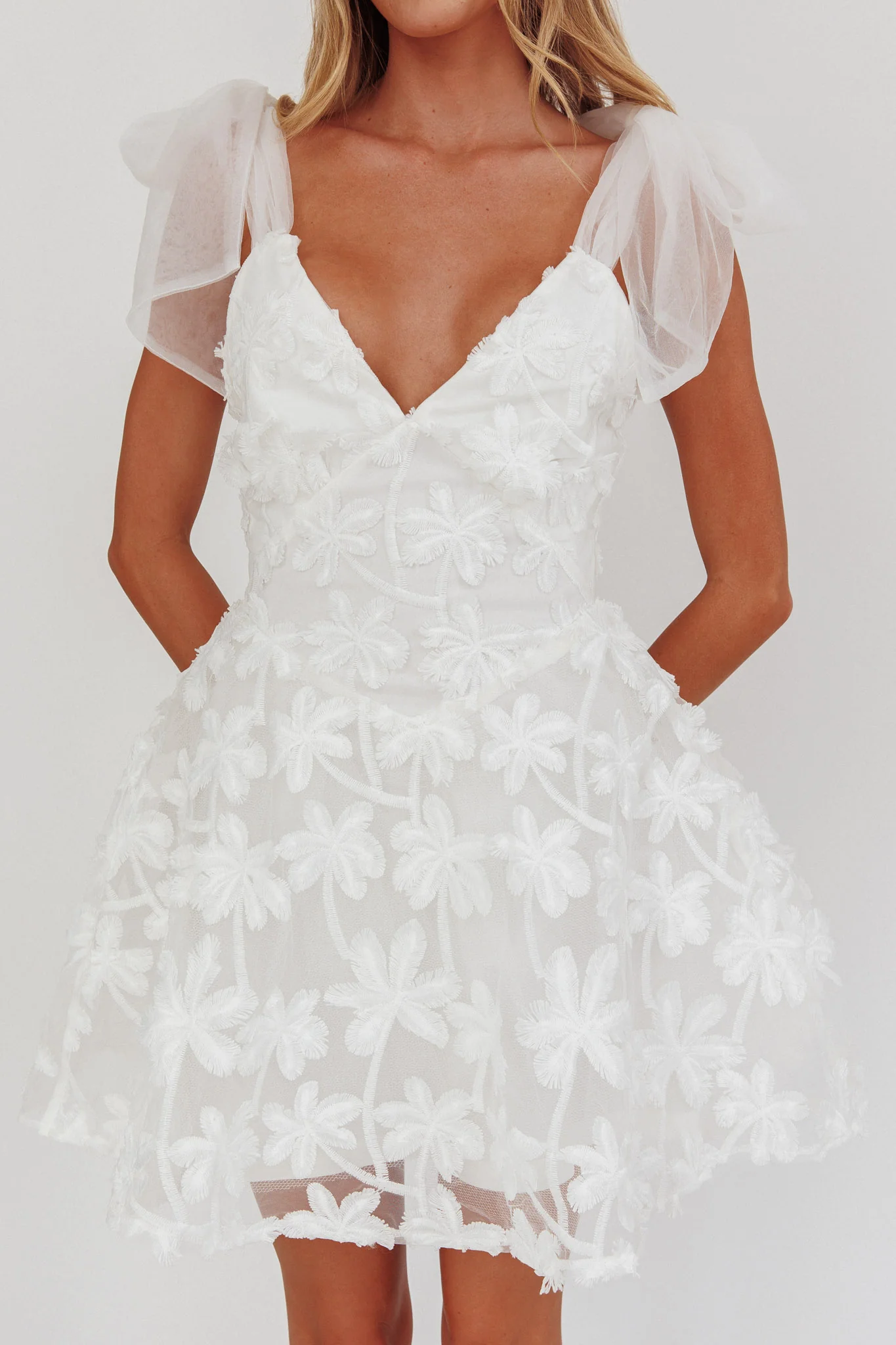 Mykonos Morning Tied Shoulder Mini Dress Embroidered Palm White - Image 4