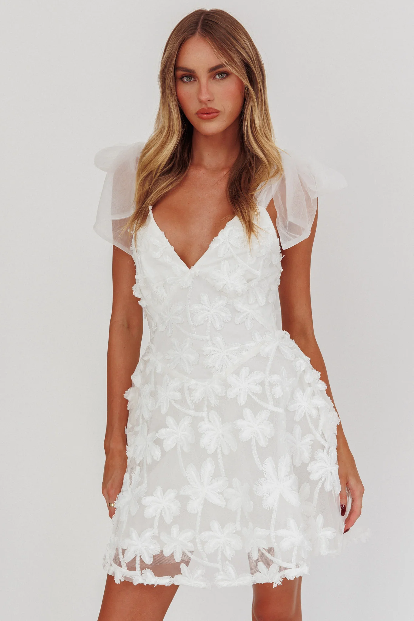Mykonos Morning Tied Shoulder Mini Dress Embroidered Palm White - Image 6