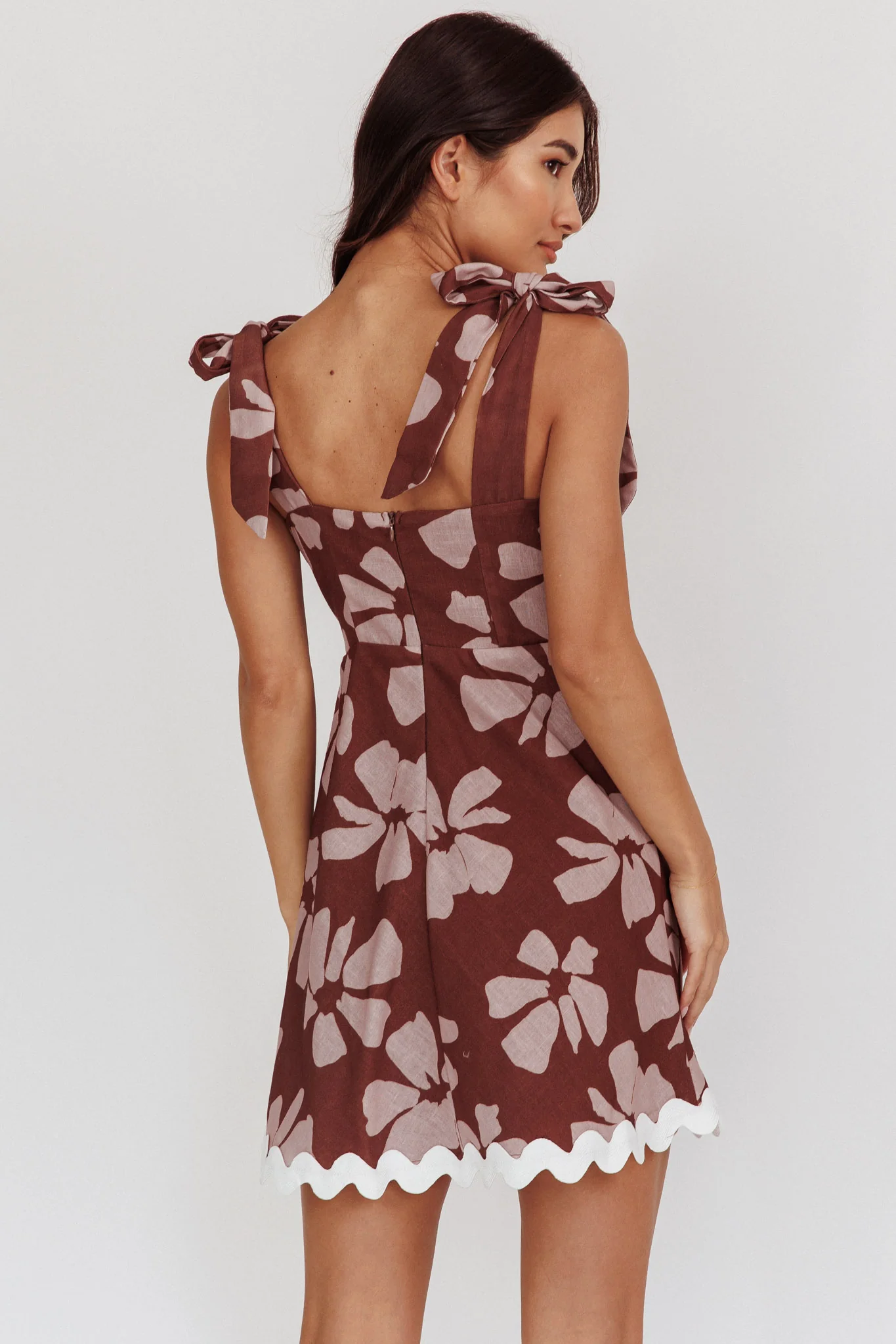 Mykonos Morning Tied Shoulder Mini Dress Floral Brown - Image 3