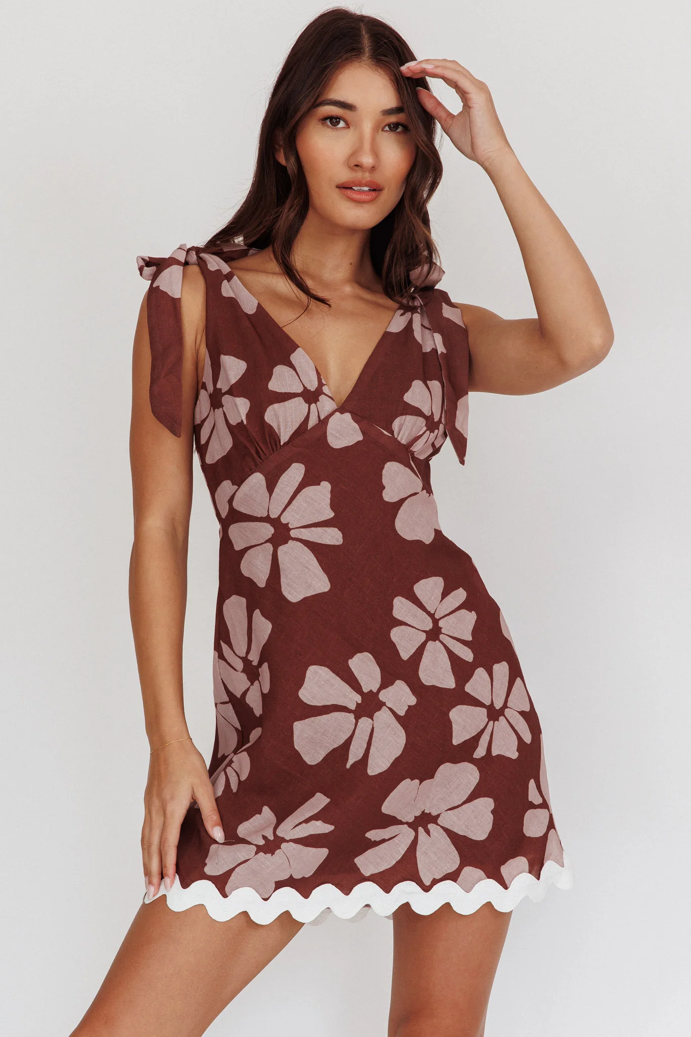 Mykonos Morning Tied Shoulder Mini Dress Floral Brown - Image 6