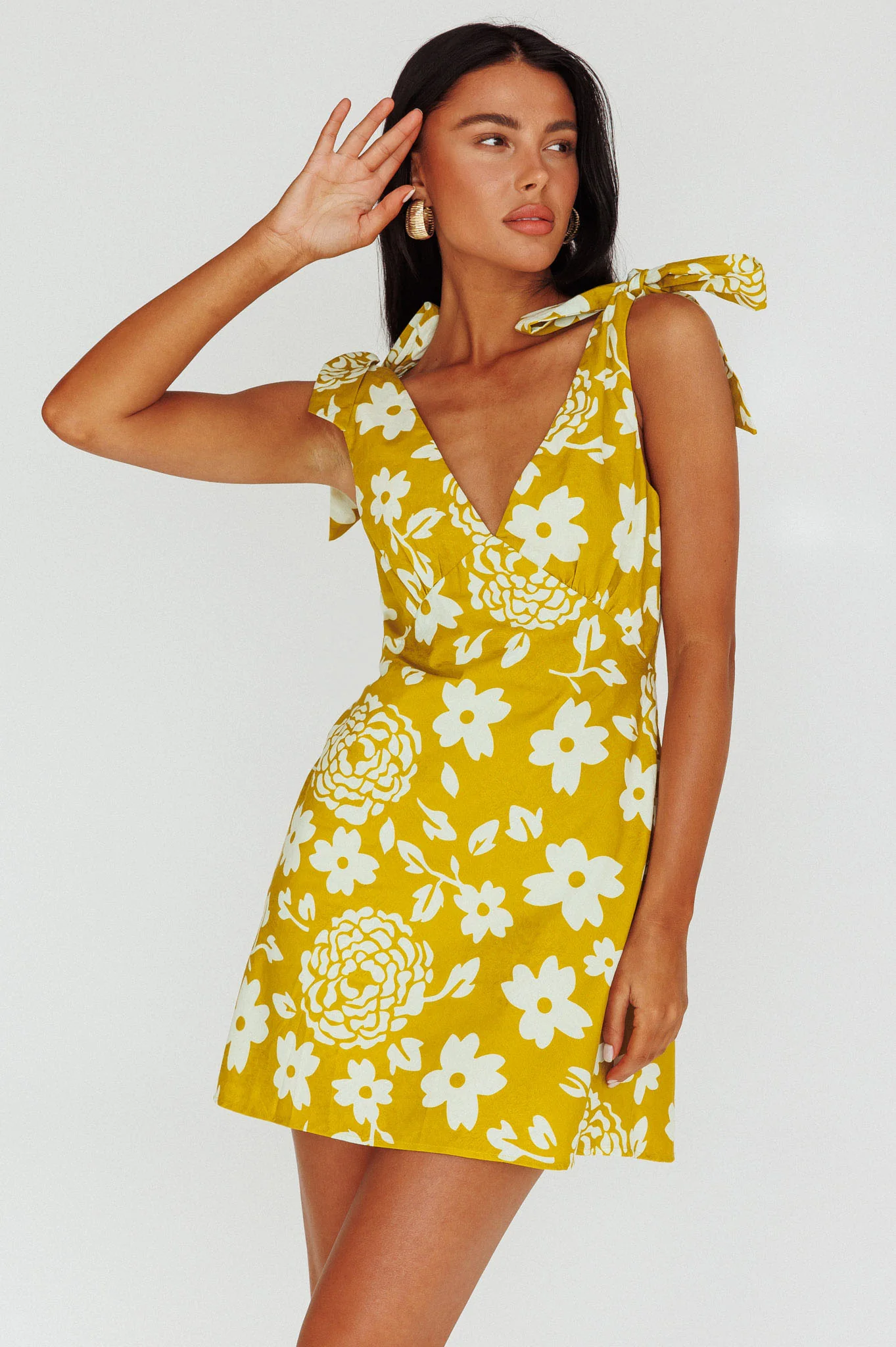 Mykonos Morning Tied Shoulder Mini Dress Floral Tan - Image 5