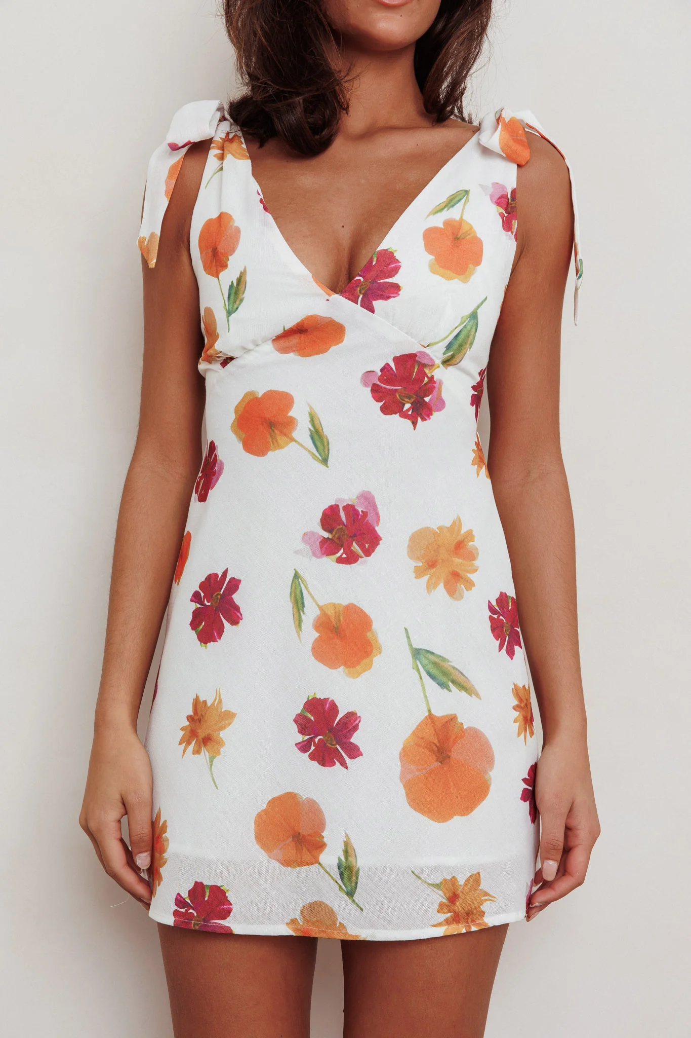 Mykonos Morning Tied Shoulder Mini Dress Flower Orange - Image 4