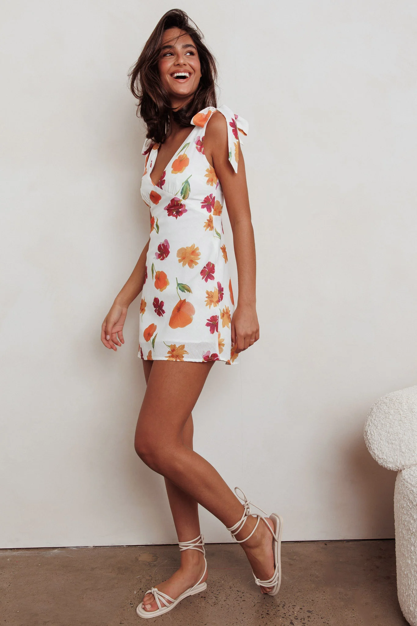 Mykonos Morning Tied Shoulder Mini Dress Flower Orange - Image 5