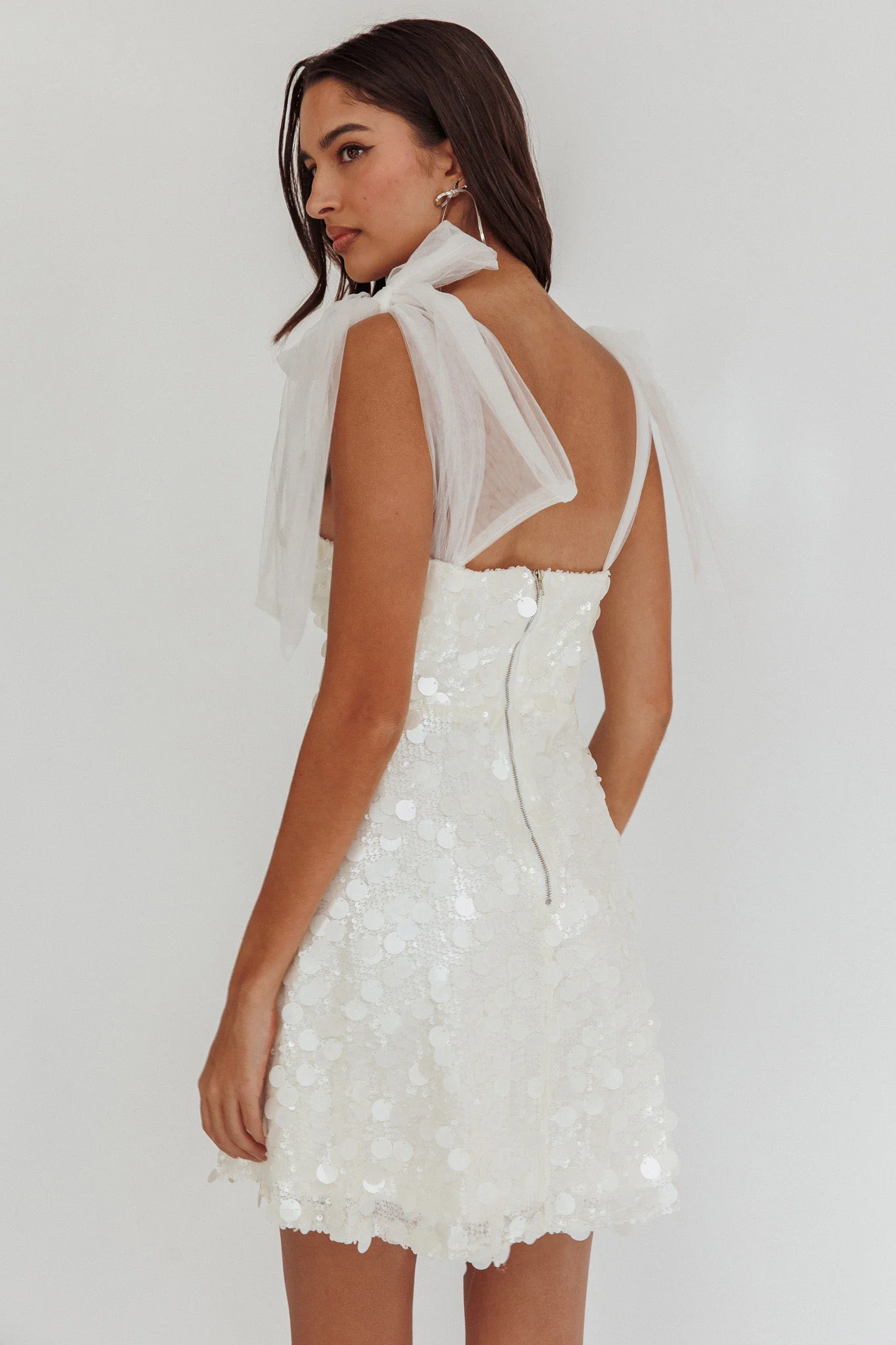 Mykonos Morning Tied Shoulder Sequin Mini Dress White - Image 3