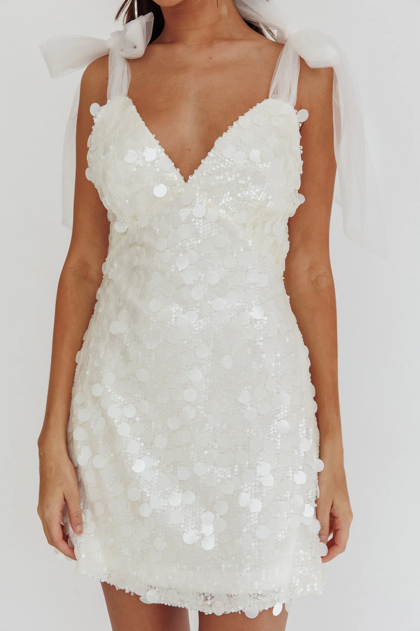Mykonos Morning Tied Shoulder Sequin Mini Dress White - Image 4