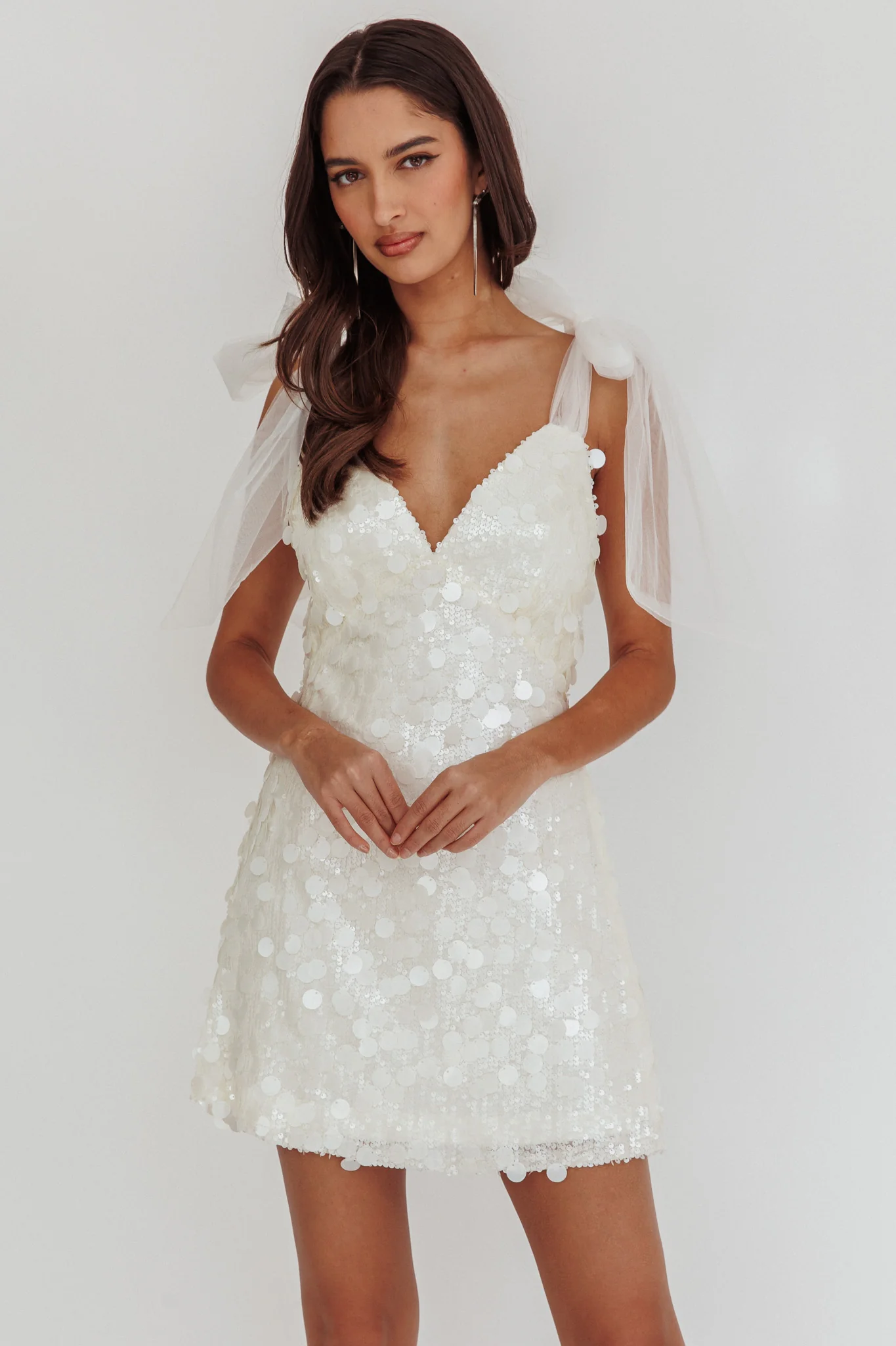 Mykonos Morning Tied Shoulder Sequin Mini Dress White - Image 6