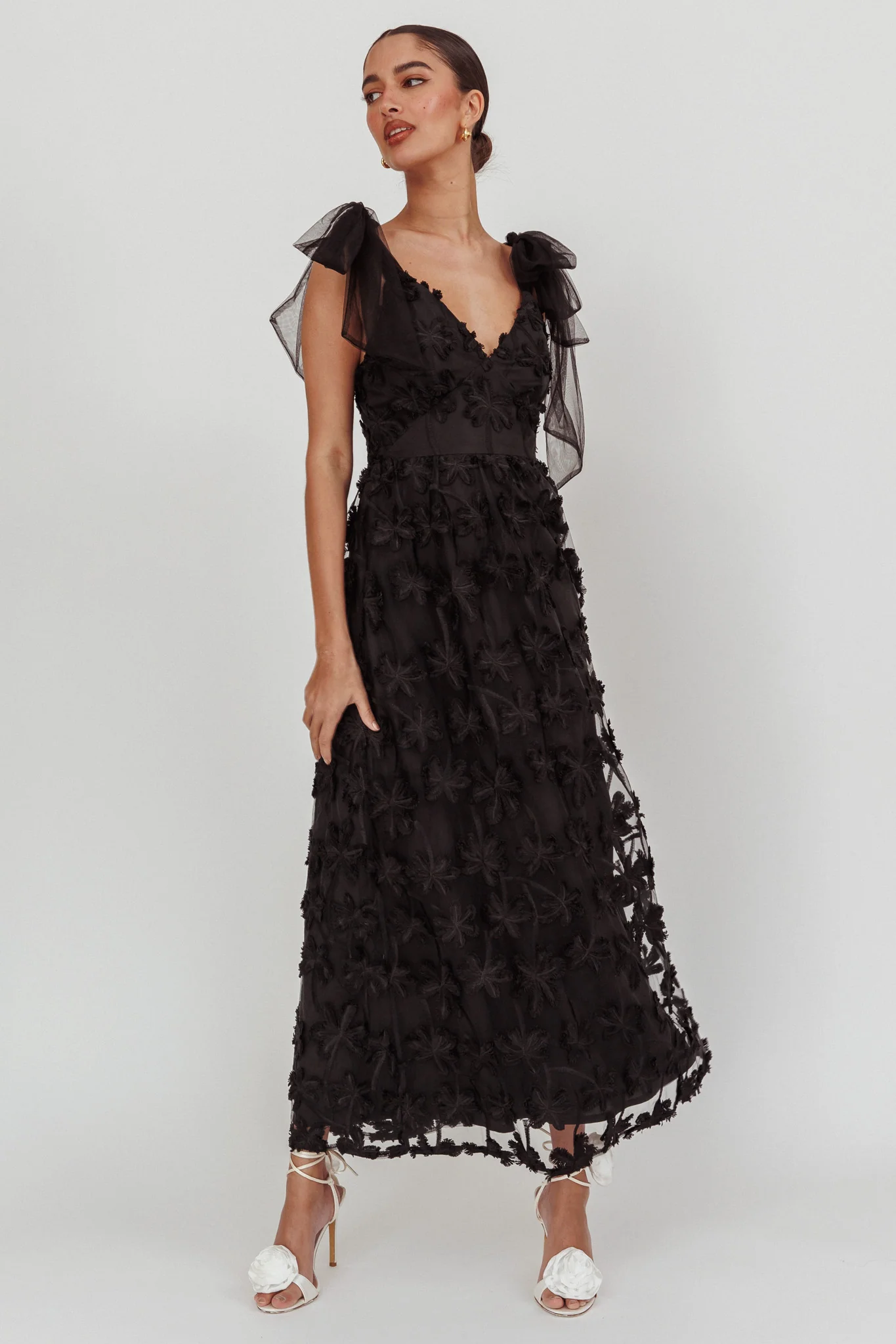 Mykonos Morning Tied Shoulder Tree Maxi Dress Black - Image 4