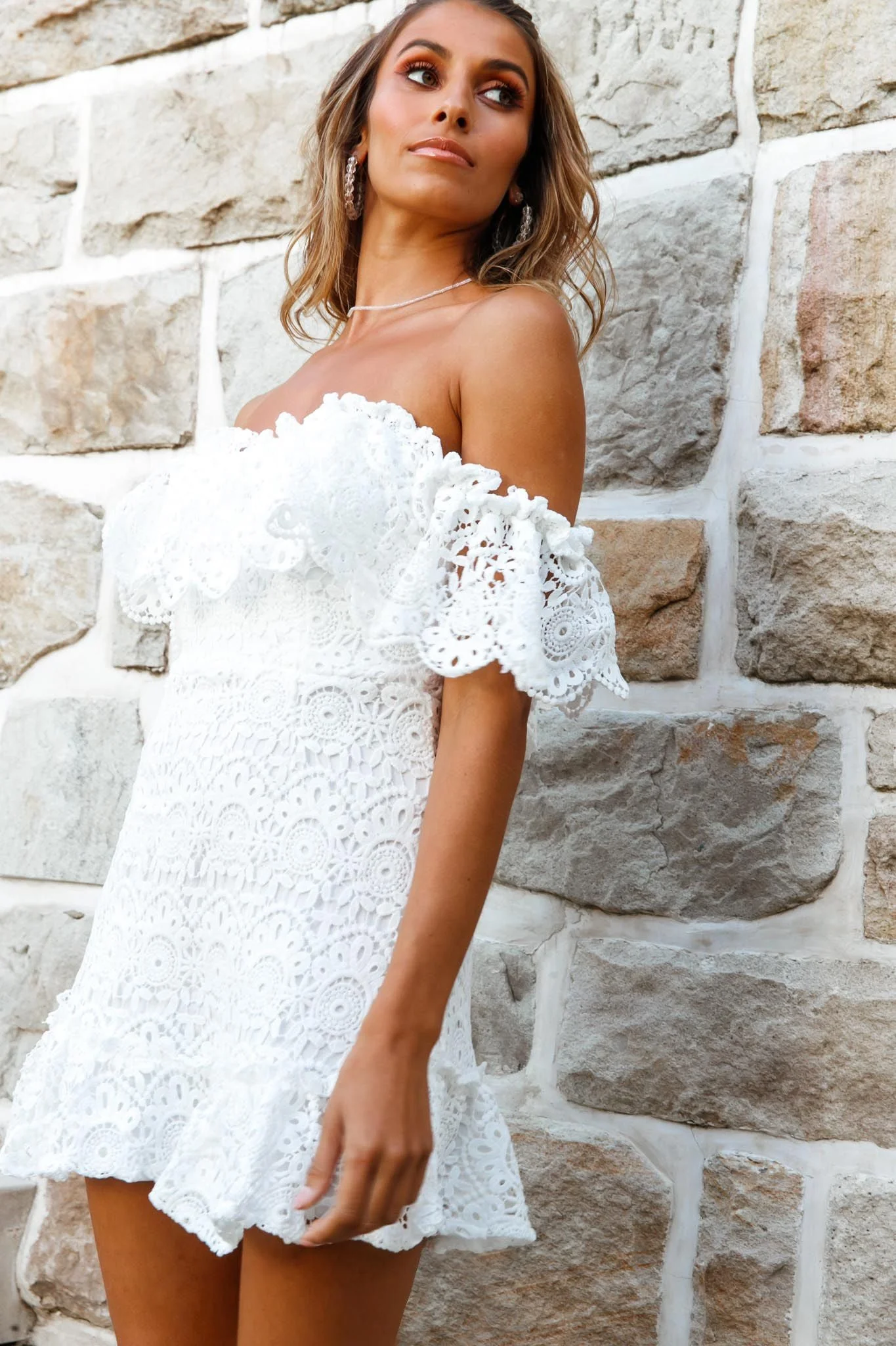 Mykonos Off-Shoulder Crochet Lace Dress White - Image 5