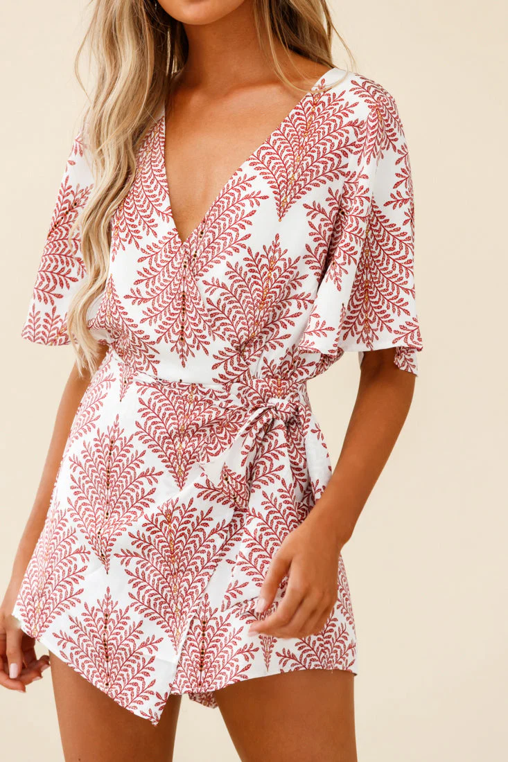 Nadi V-Neckline Wrap Romper Leaf Print White - Image 7