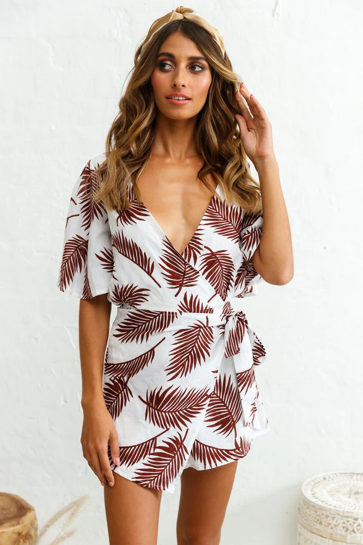 Nadi V-Neckline Wrap Romper Palm Print Wine - Image 3