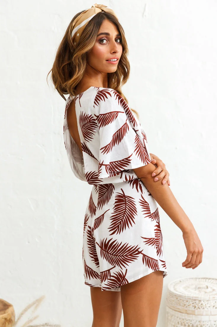 Nadi V-Neckline Wrap Romper Palm Print Wine - Image 4
