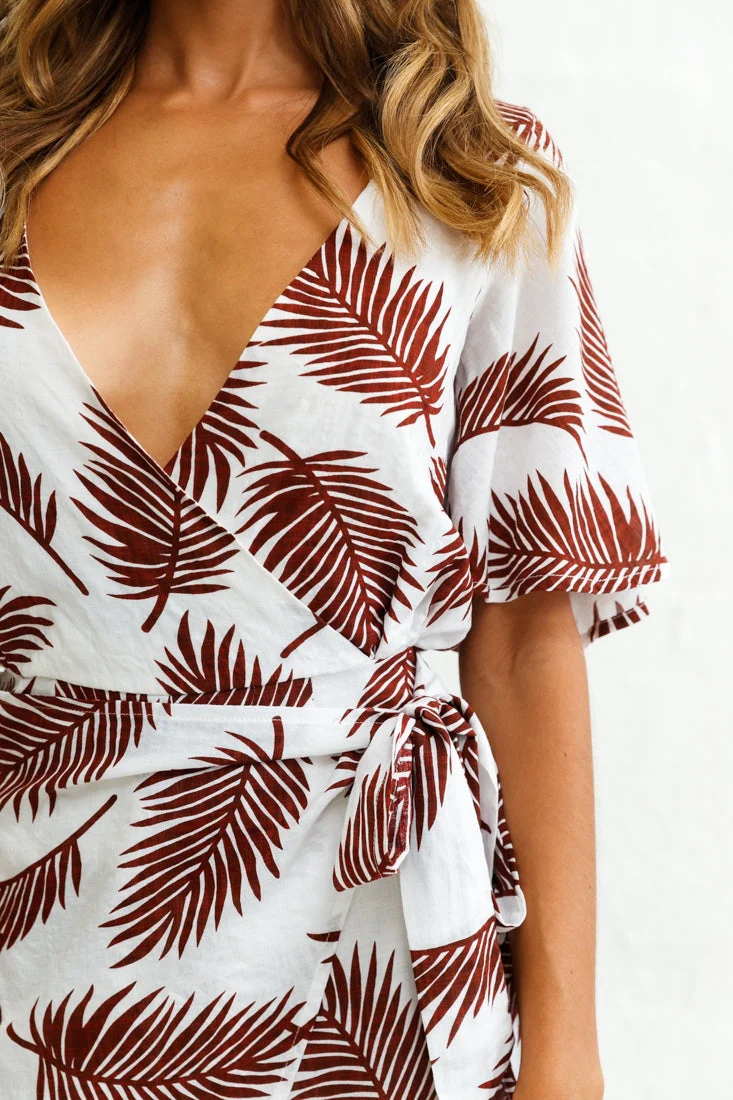 Nadi V-Neckline Wrap Romper Palm Print Wine - Image 5