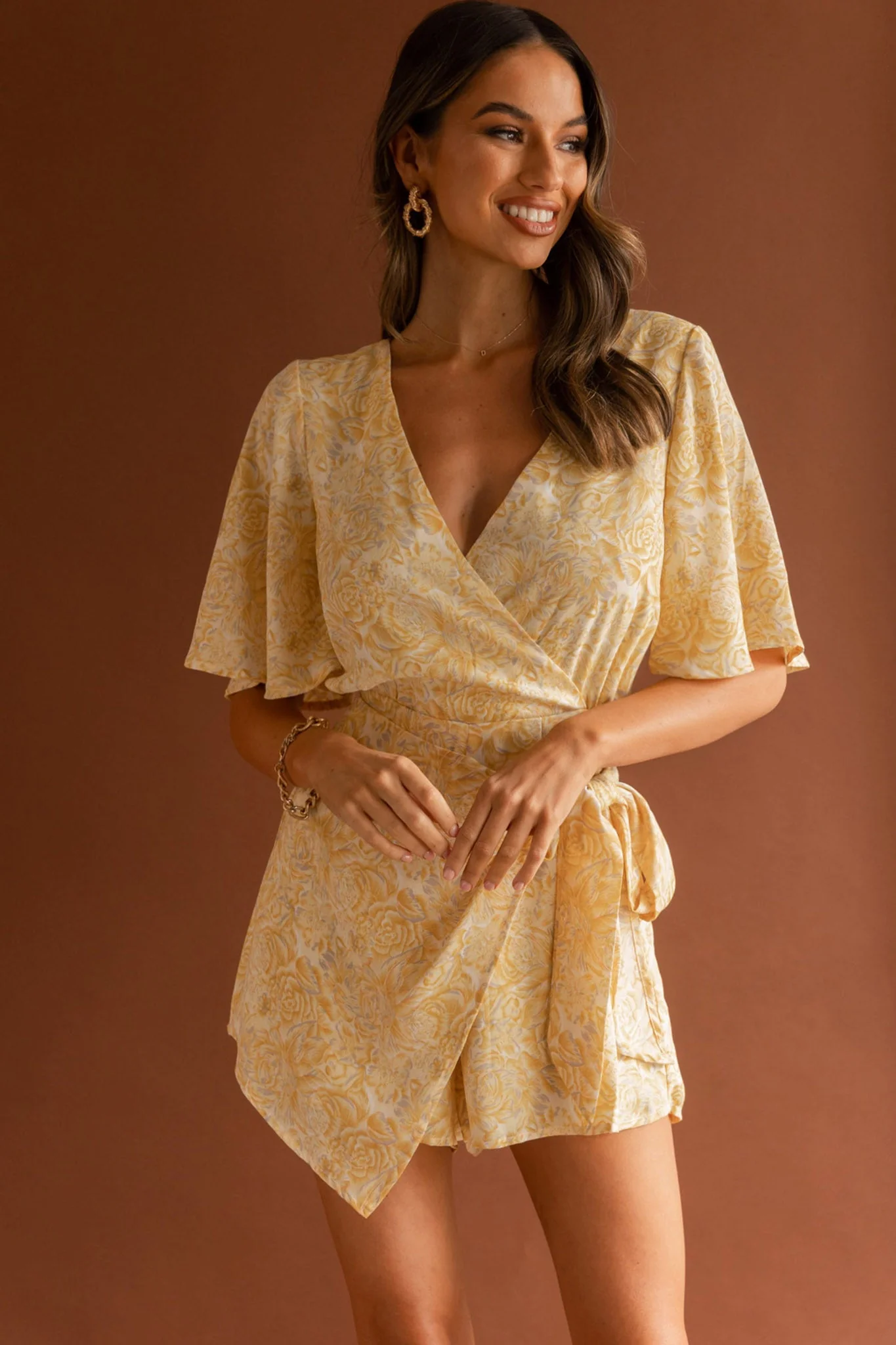 Nadi V-Neckline Wrap Romper Rose Flower Print Yellow - Image 4