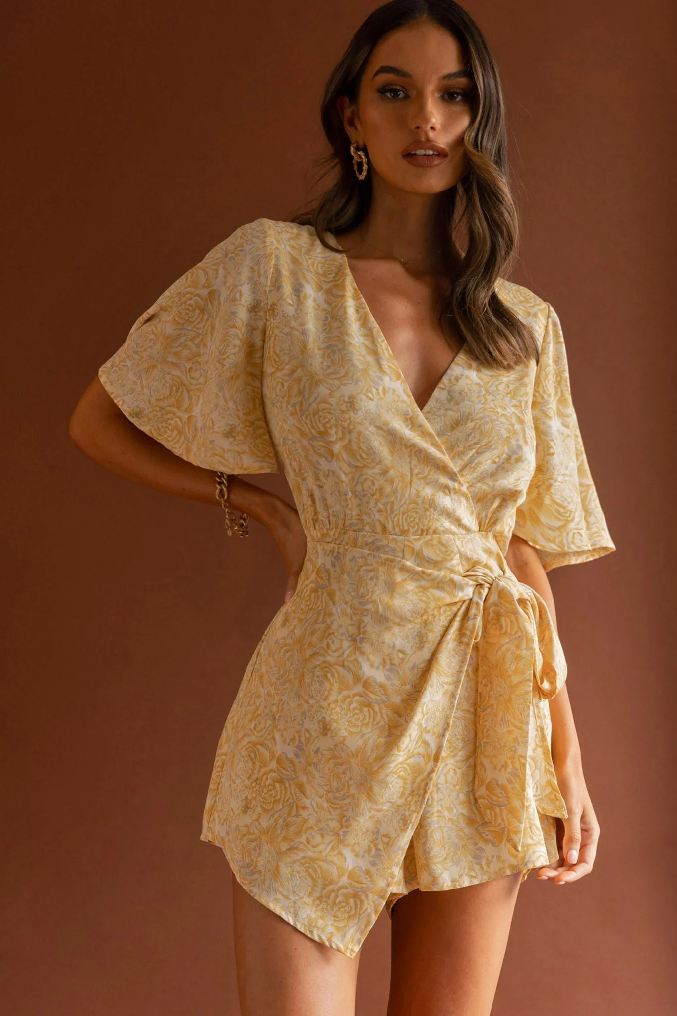 Nadi V-Neckline Wrap Romper Rose Flower Print Yellow - Image 7