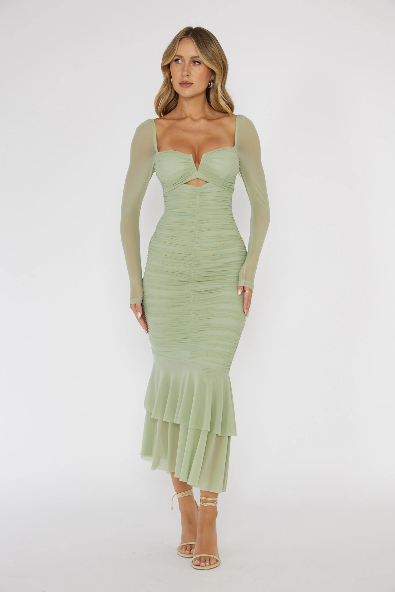Nadia Long Sleeve Fishtail Midi Dress Mint - Image 3