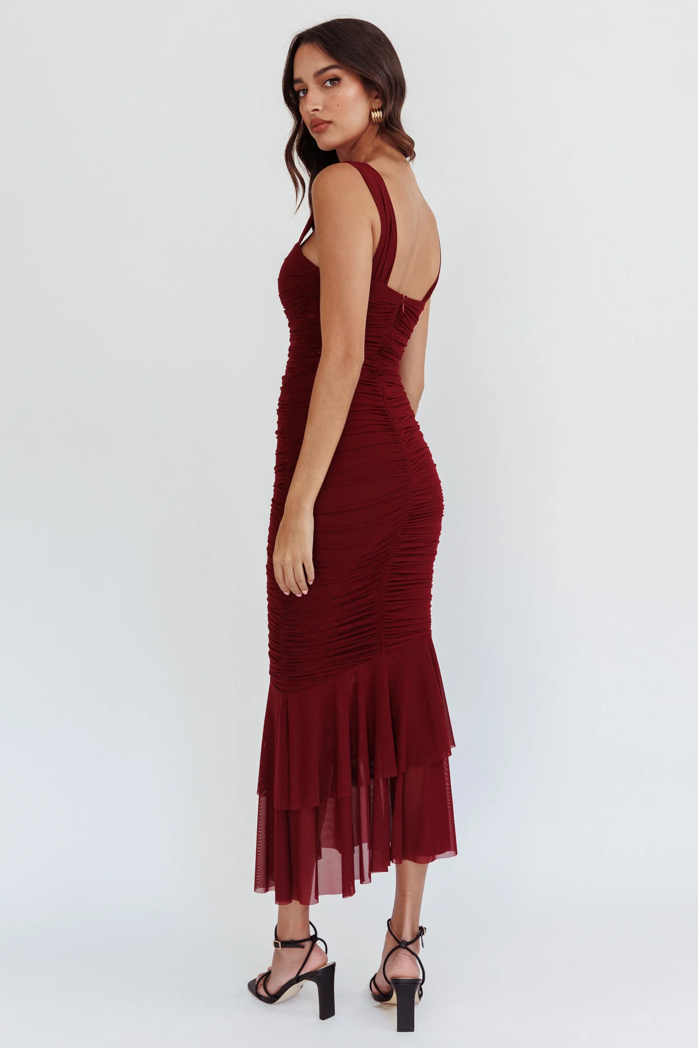 Nadia Ruched Fishtail Maxi Dress Dark Mauve - Image 3