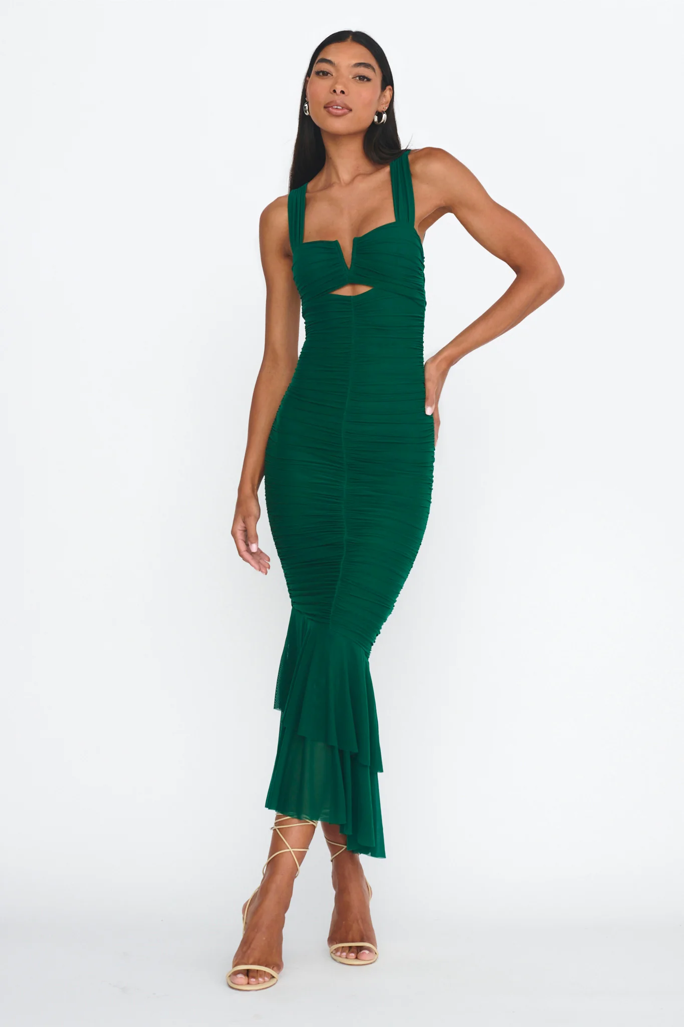 Nadia Ruched Fishtail Maxi Dress Green - Image 3