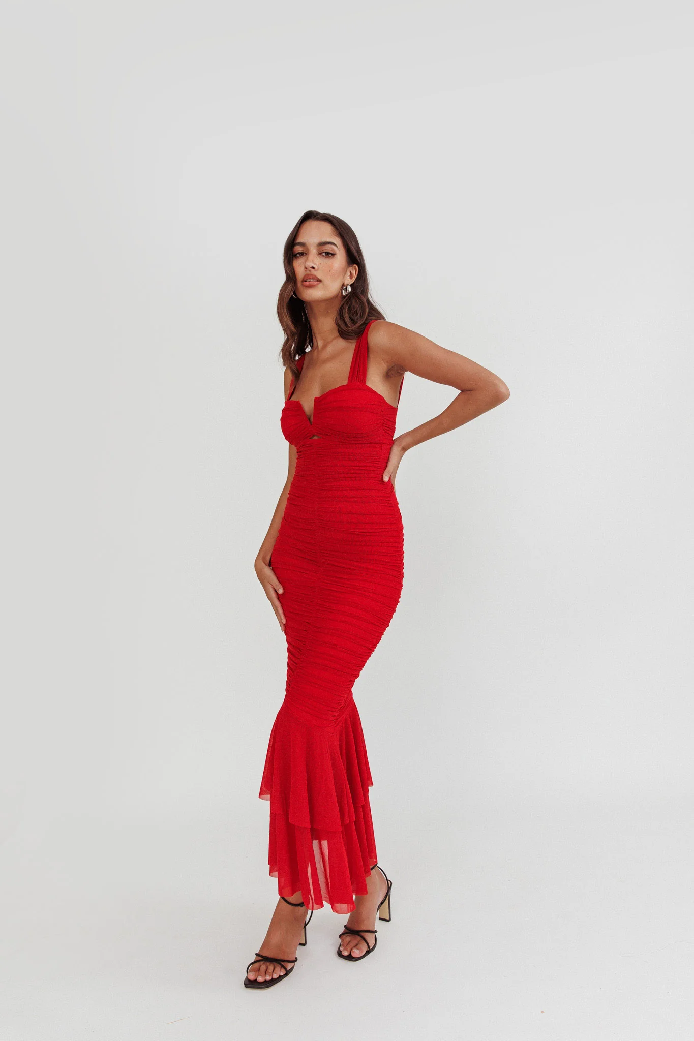 Nadia Ruched Fishtail Maxi Dress Red - Image 2