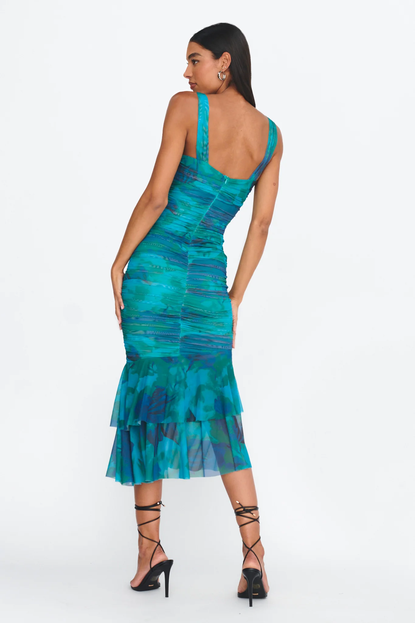 Nadia Ruched Fishtail Midi Dress Abstract Green - Image 2