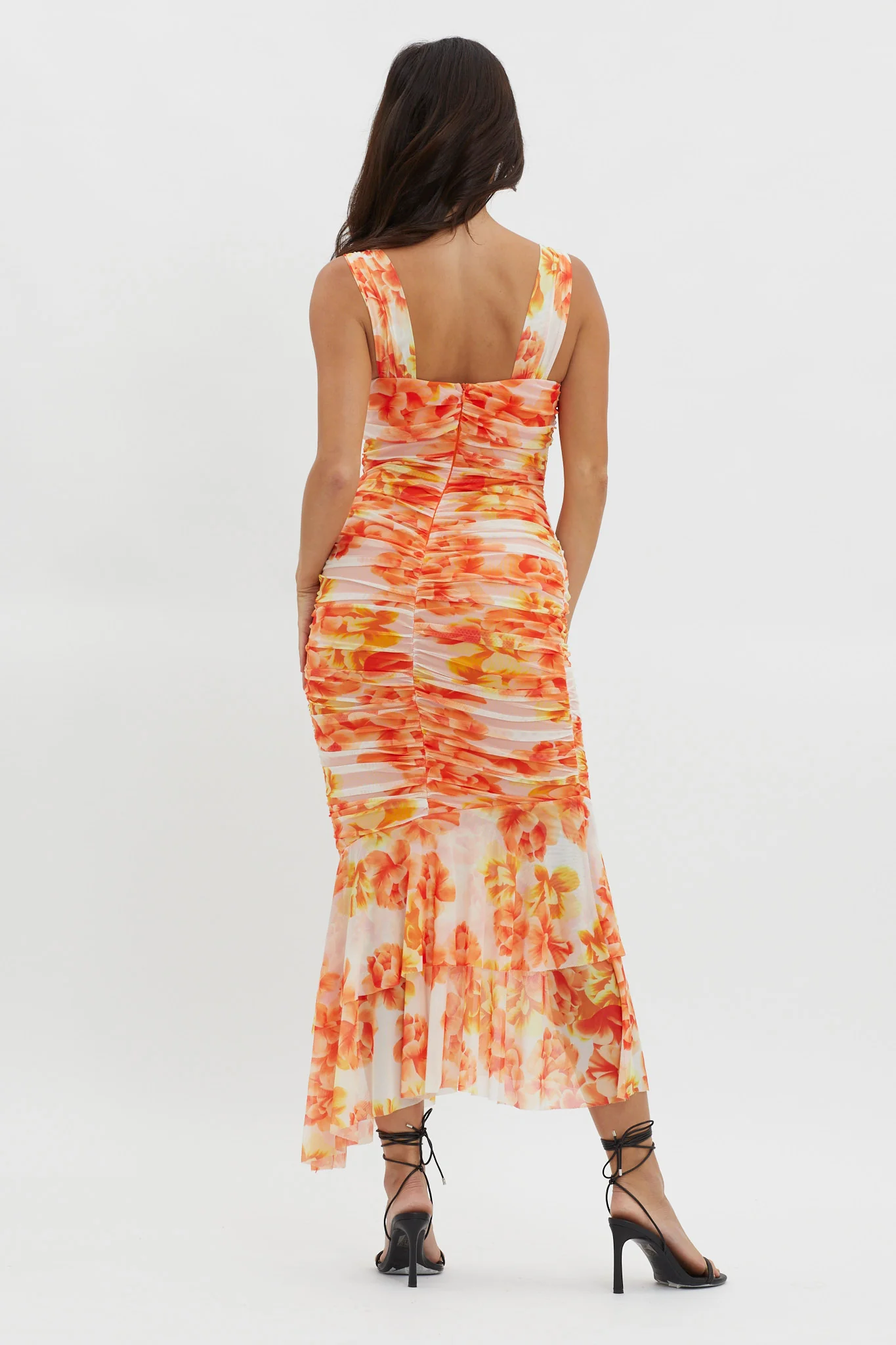 Nadia Ruched Fishtail Midi Dress Floral White - Image 2