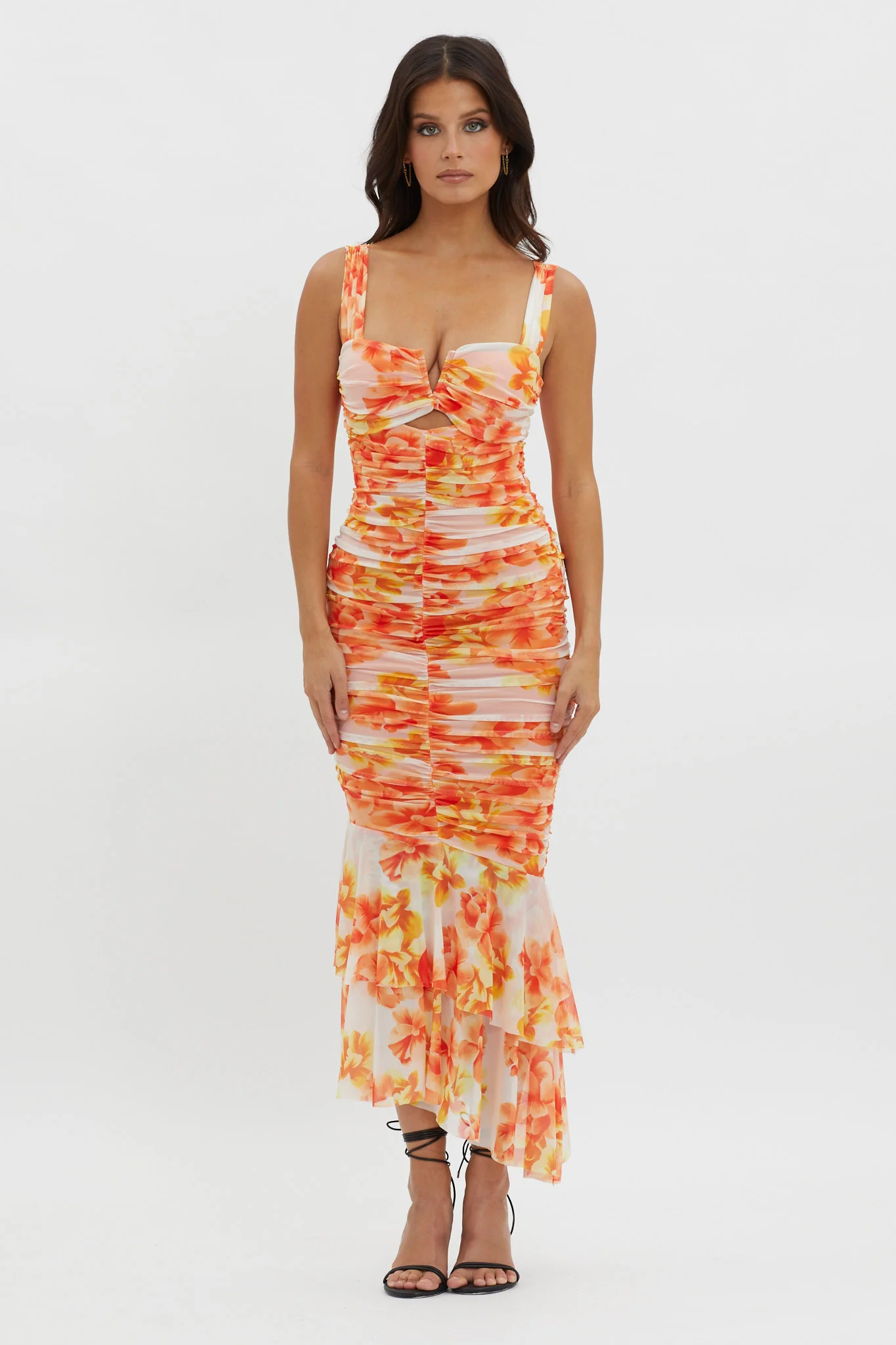 Nadia Ruched Fishtail Midi Dress Floral White - Image 4