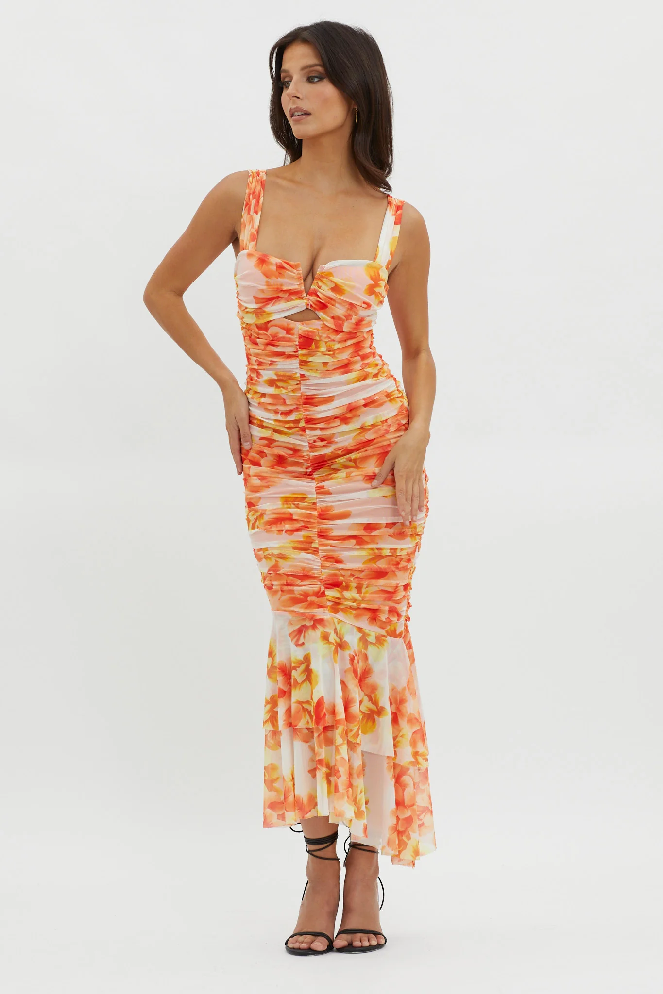 Nadia Ruched Fishtail Midi Dress Floral White - Image 5