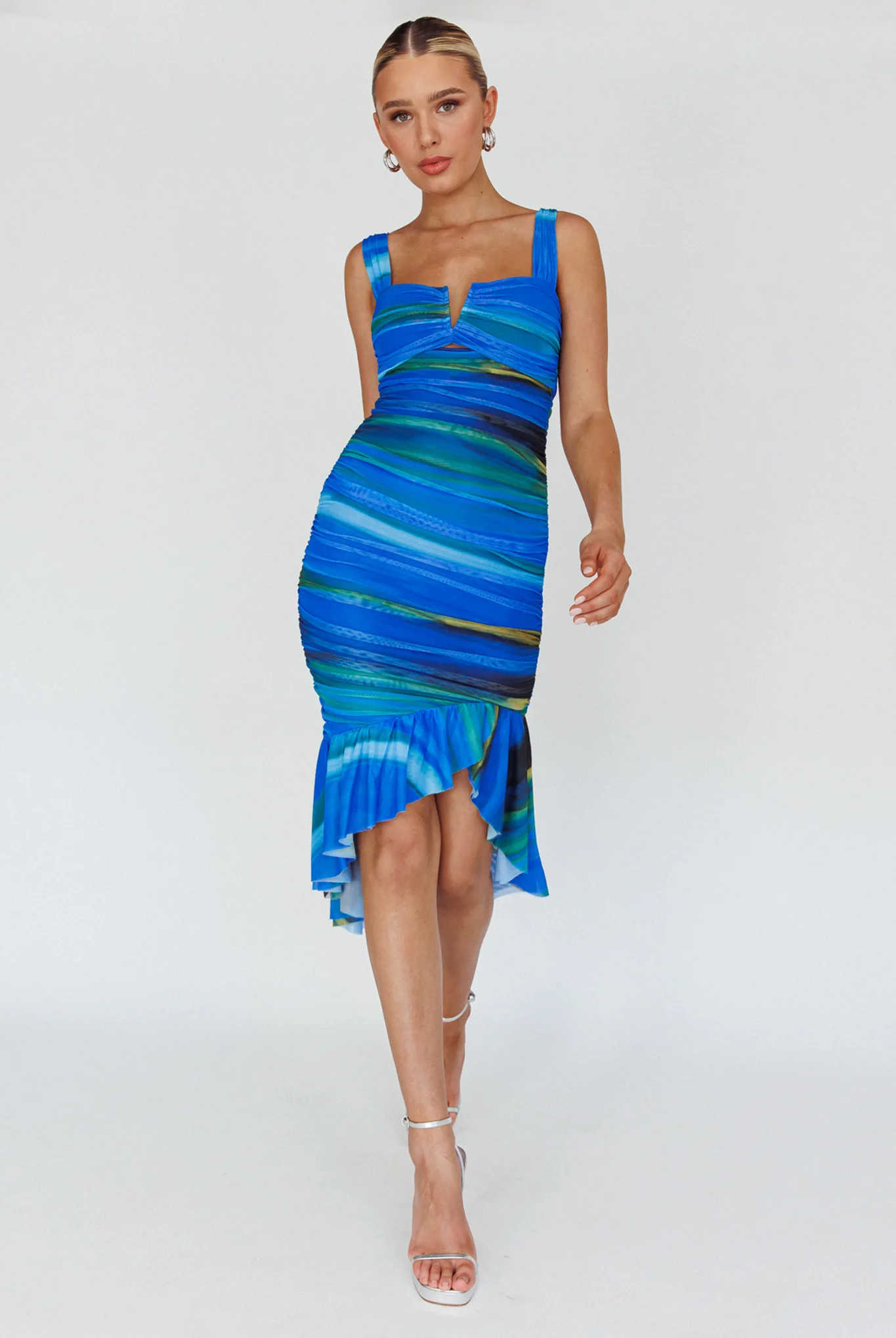 Nadia Ruched Fishtail Midi Dress Print Blue - Image 3
