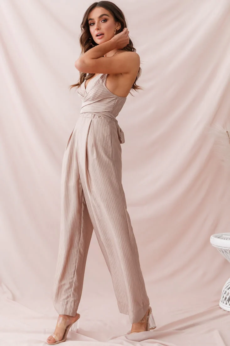Nancy Wide Leg Pinstripe Jumpsuit Mocha - Image 3