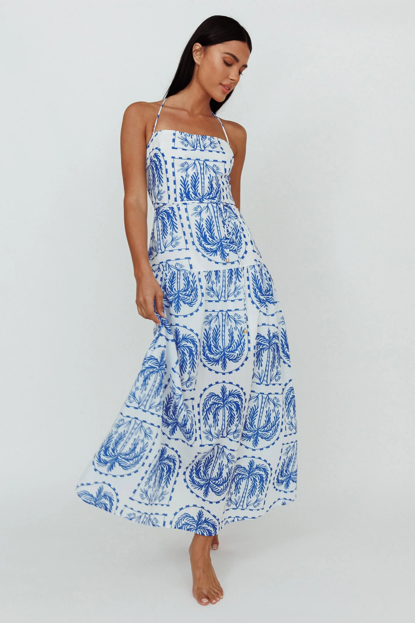 Natasia Halterneck Maxi Dress Palm Print Blue - Image 5