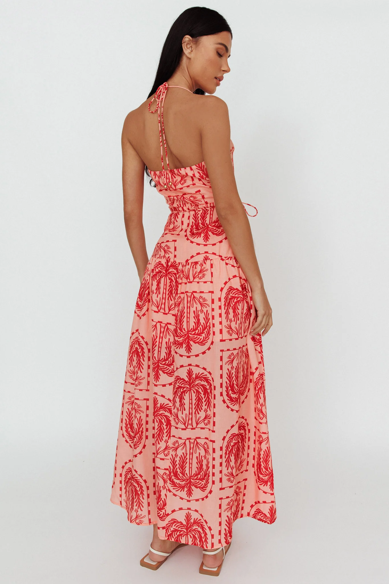Natasia Halterneck Maxi Dress Palm Print Red - Image 2