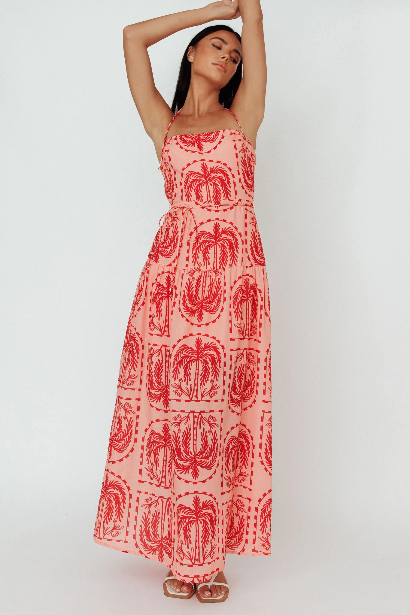 Natasia Halterneck Maxi Dress Palm Print Red - Image 3