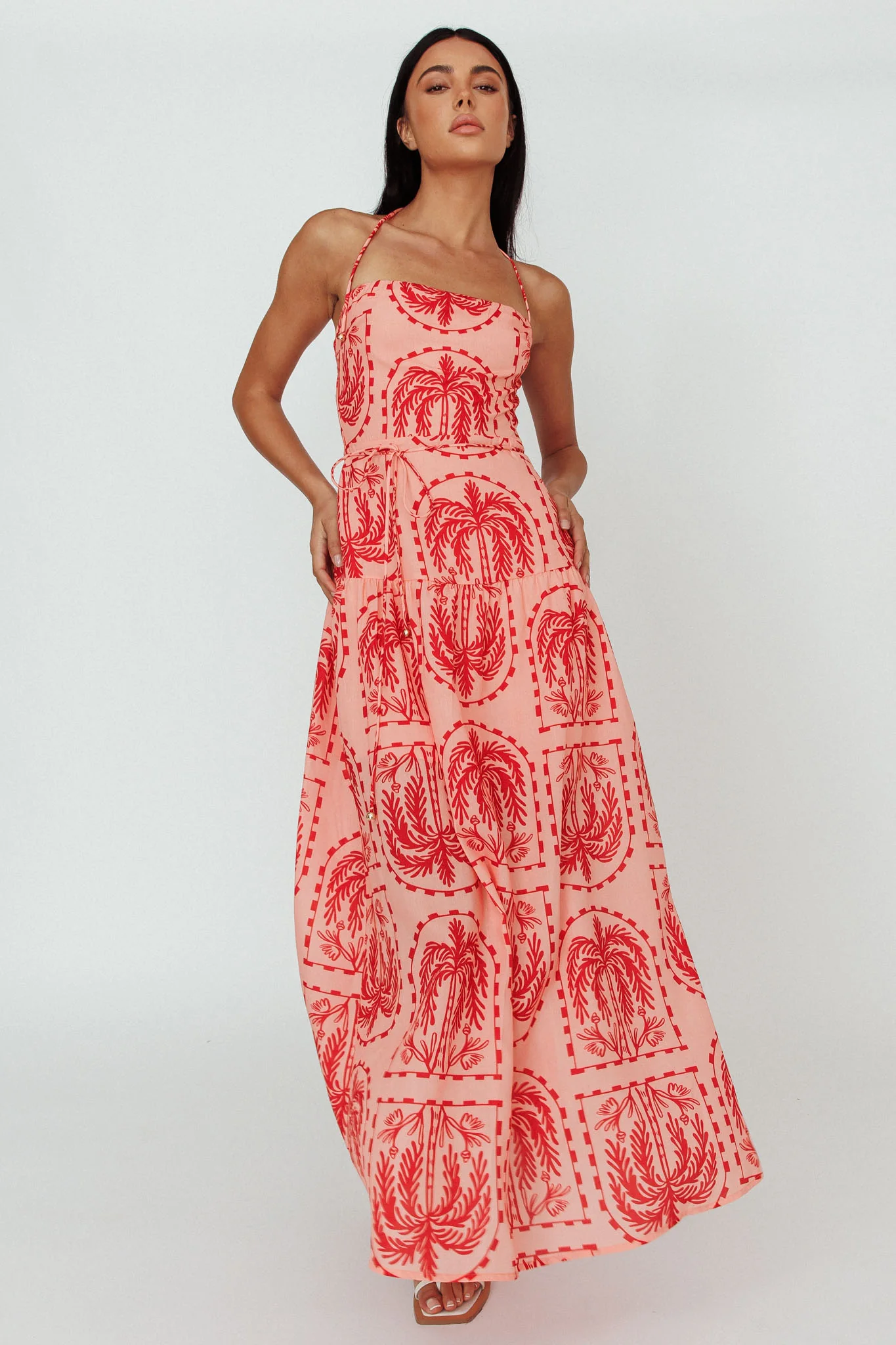 Natasia Halterneck Maxi Dress Palm Print Red - Image 5