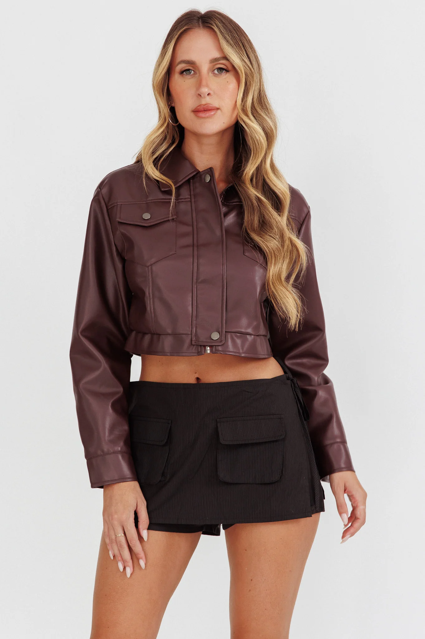 Navigator Snap Button Faux Leather Jacket Brown - Image 5