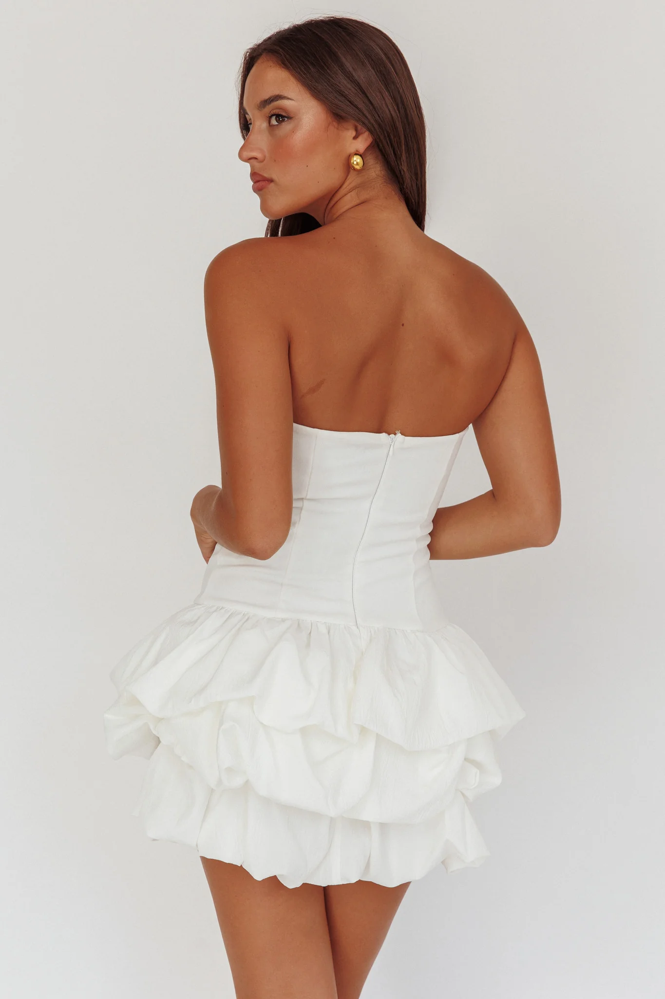 Nefiti Strapless Layered Bubble Hem Dress White - Image 3